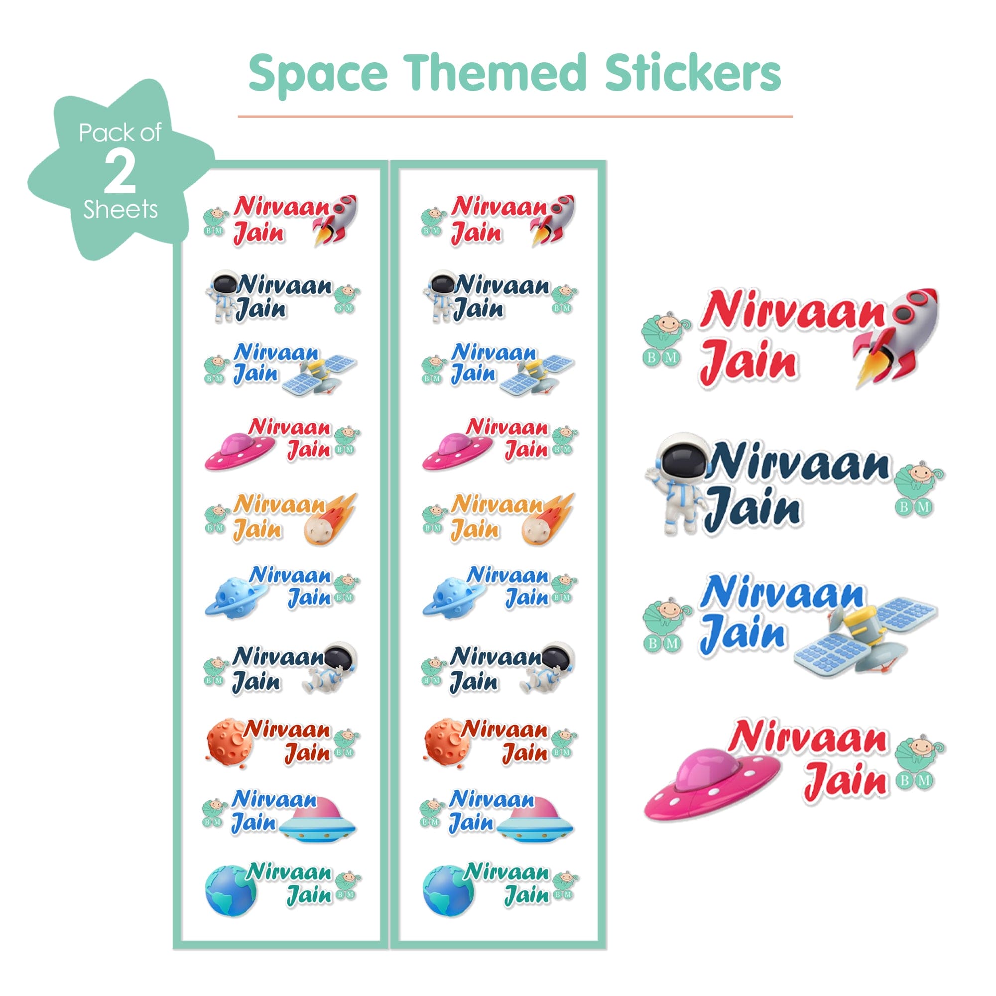 Baby Moo Space Personalised Name Self Adhesive Transparent Embossed Stickers, 3D Labels 20 Pcs Stationery Set for Children - Multicolour