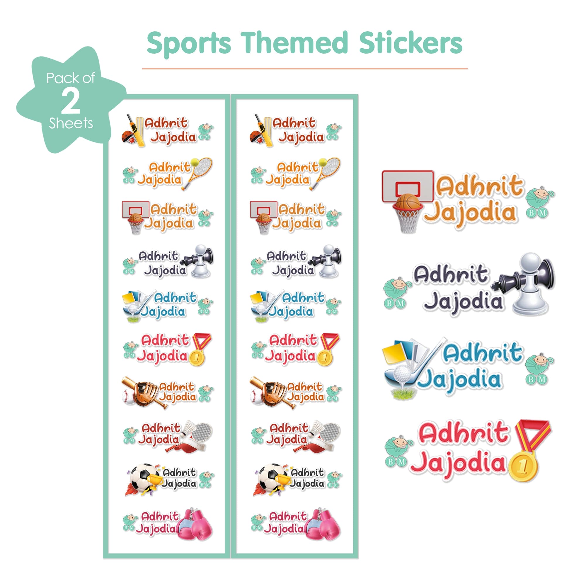 Baby Moo Sports Personalised Name Self Adhesive Transparent Embossed Stickers, 3D Labels 20 Pcs Stationery Set for Children - Multicolour