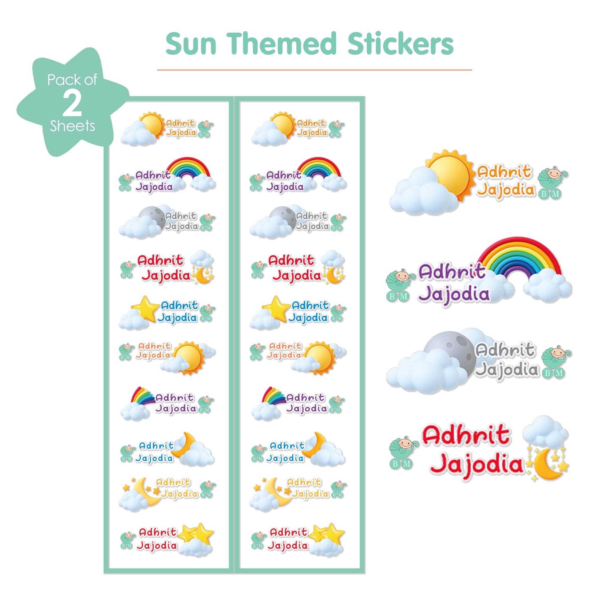 Baby Moo Sun Personalised Name Self Adhesive Transparent Embossed Stickers, 3D Labels 20 Pcs Stationery Set for Children - Multicolour