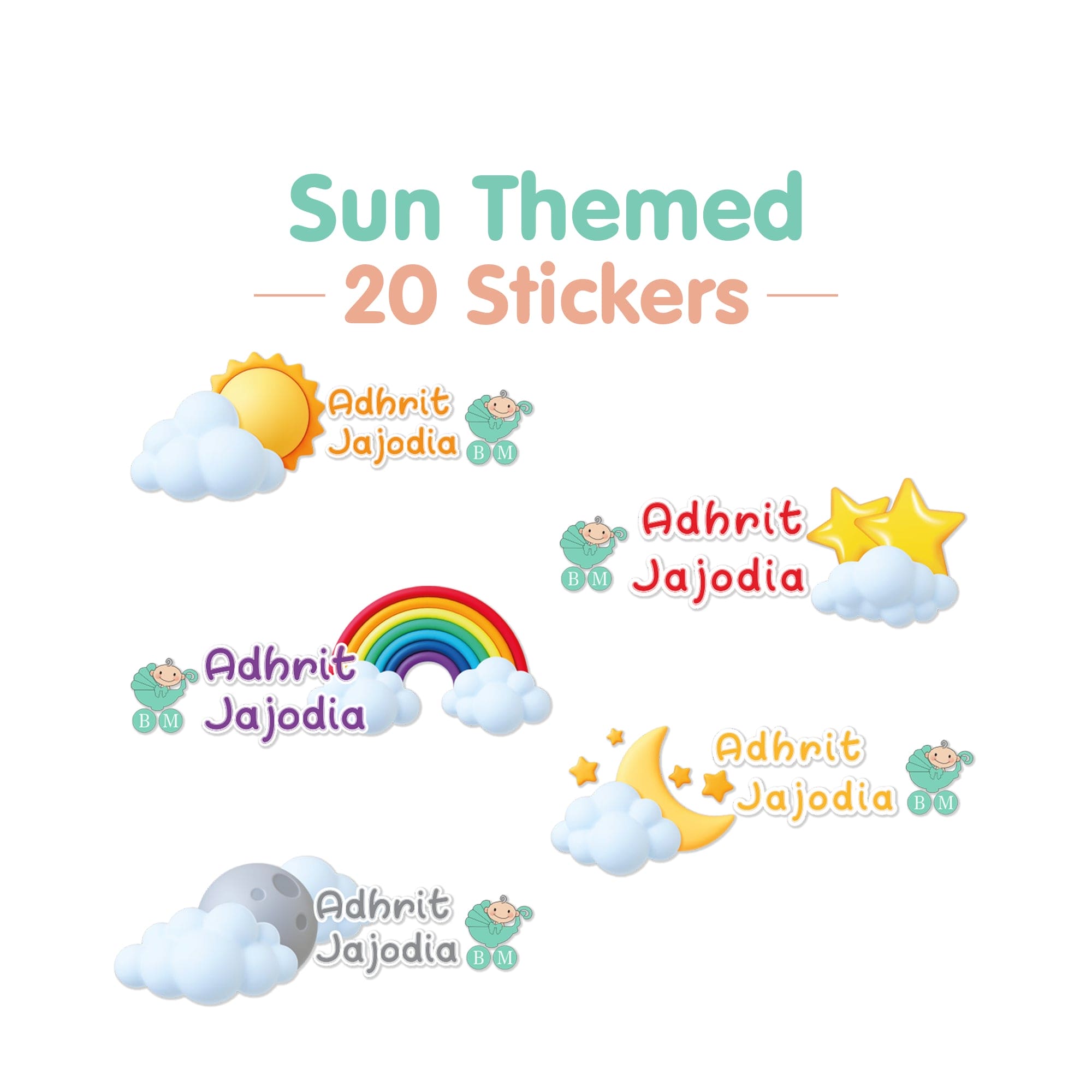 Baby Moo Sun Personalised Name Self Adhesive Transparent Embossed Stickers, 3D Labels 20 Pcs Stationery Set for Children - Multicolour