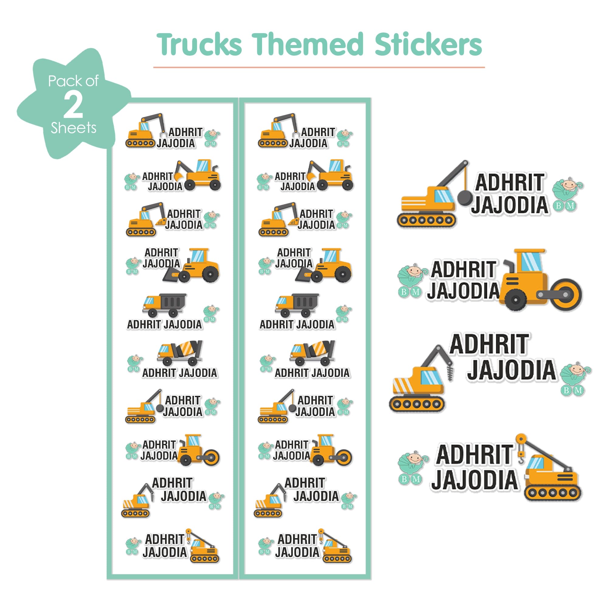 Baby Moo Truck Personalised Name Self Adhesive Transparent Embossed Stickers, 3D Labels 20 Pcs Stationery Set for Children - Mustard