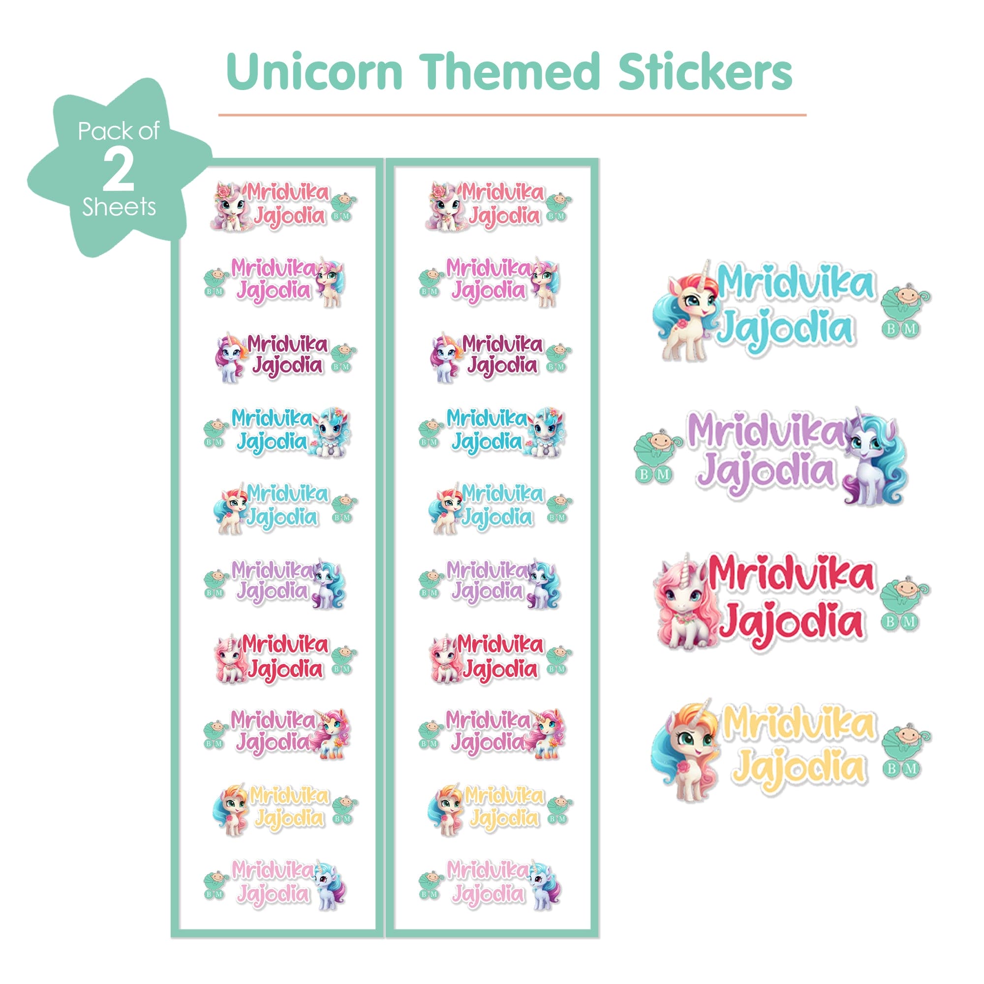 Baby Moo Unicorn Personalised Name Self Adhesive Transparent Embossed Stickers, 3D Labels 20 Pcs Stationery Set for Children - Purple