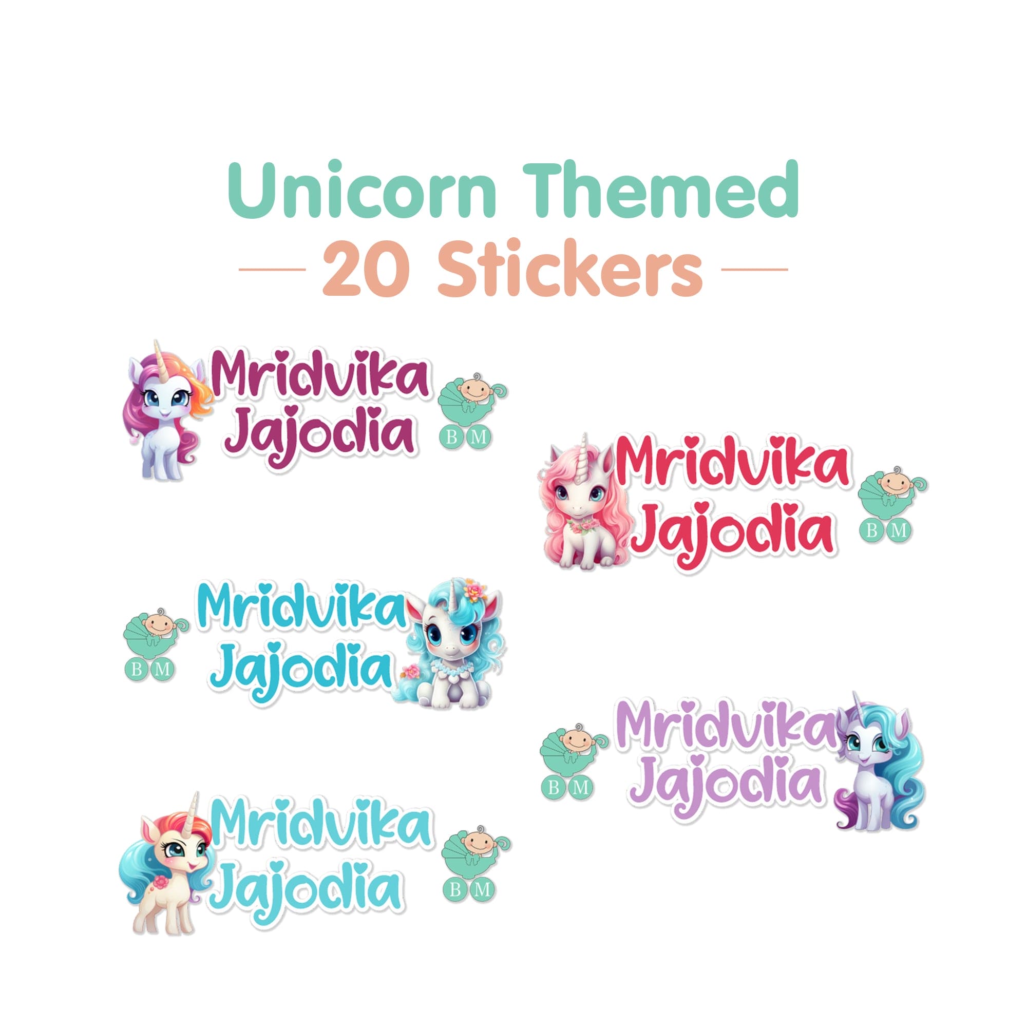 Baby Moo Unicorn Personalised Name Self Adhesive Transparent Embossed Stickers, 3D Labels 20 Pcs Stationery Set for Children - Purple