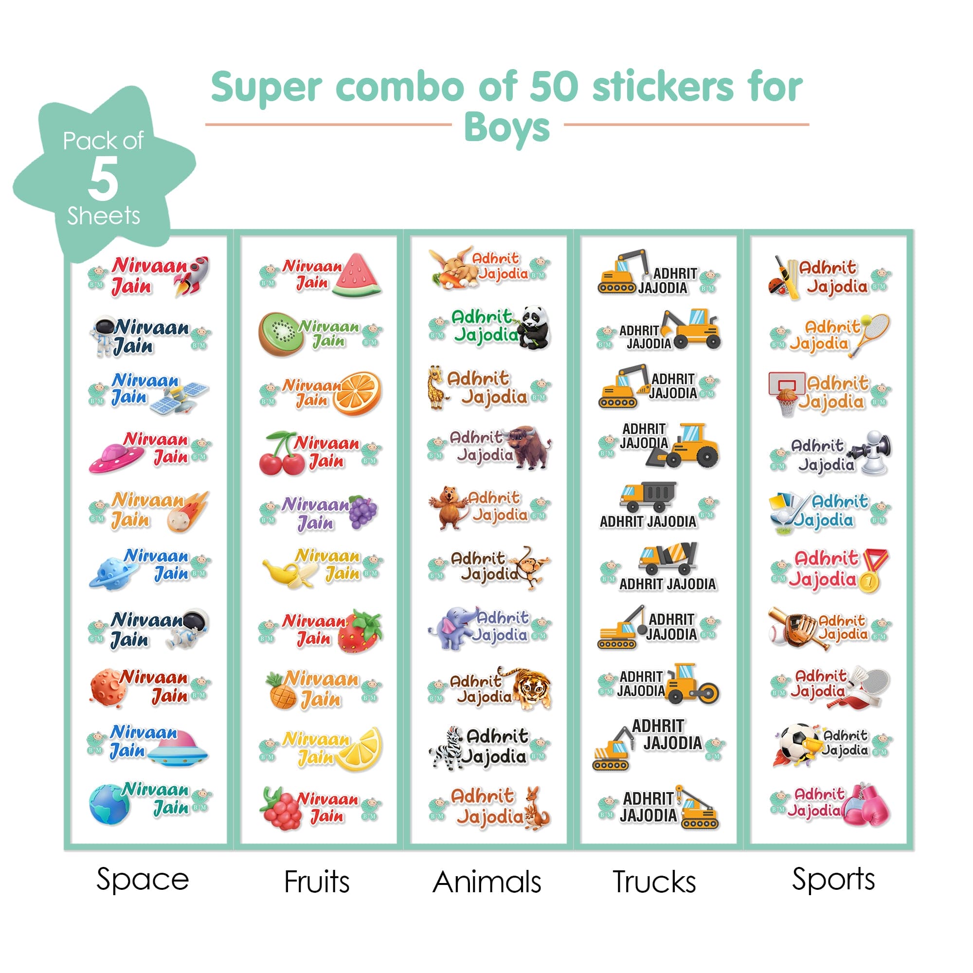 Baby Moo Space, Fruits, Animals, Truck, Sports Personalised Name Self Adhesive Transparent Embossed Stickers, 3D Labels 50 Pcs Stationery Set for Children - Multicolour