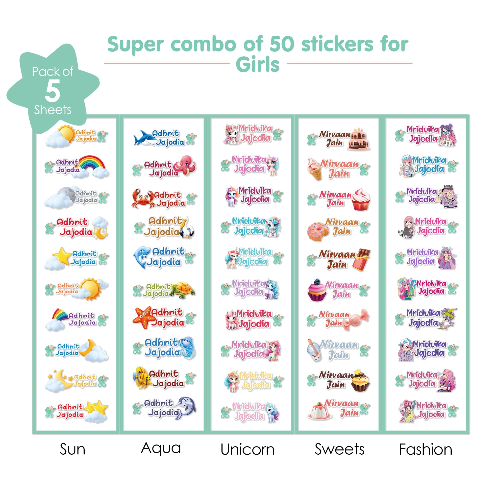 Baby Moo Sun, Aqua, Unicorn, Sweets, Fashion Personalised Name Self Adhesive Transparent Embossed Stickers, 3D Labels 50 Pcs Stationery Set for Children - Pink