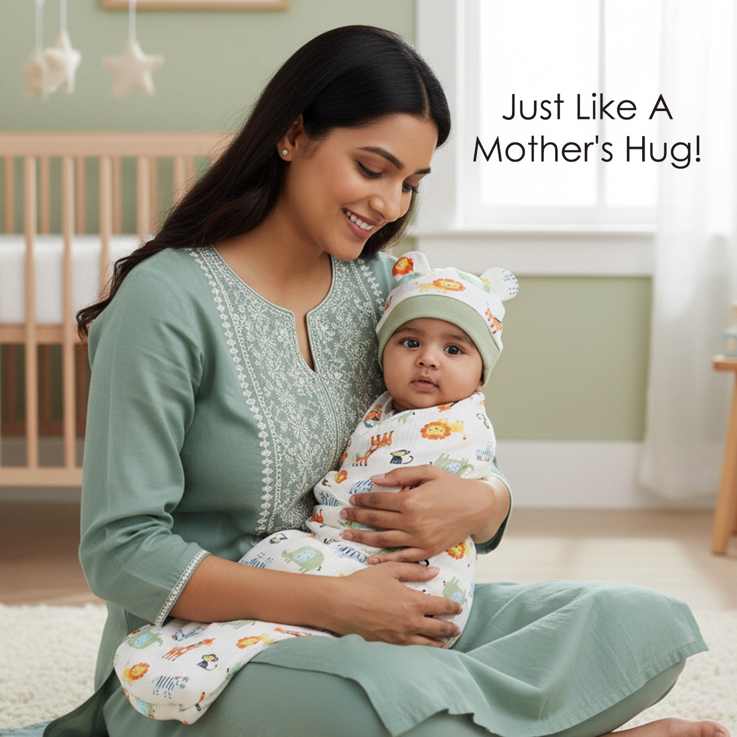 Baby Moo Dino Print Adjustable Velcro Easy Wrap Ready Swaddle For Infant With Matching 3D Cap - White