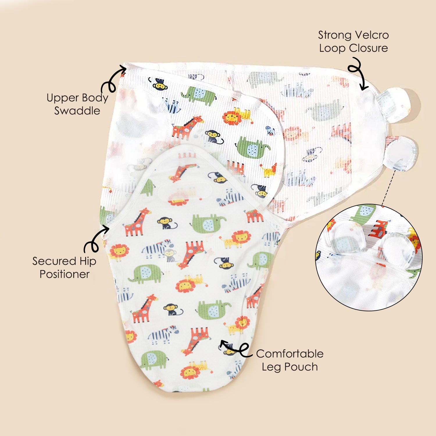Baby Moo Dino Print Adjustable Velcro Easy Wrap Ready Swaddle For Infant With Matching 3D Cap - White