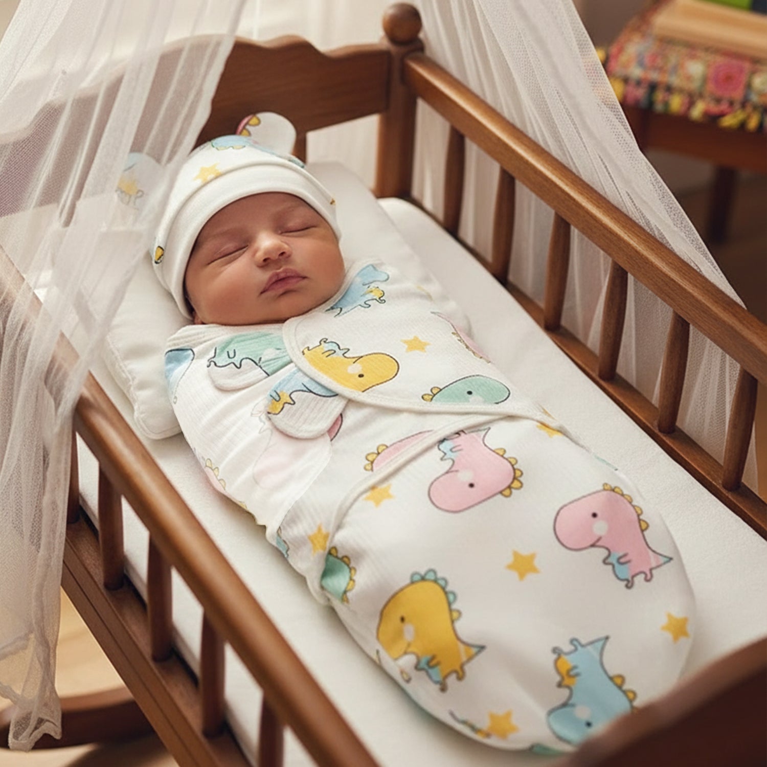 Baby Moo Jungle Print Adjustable Velcro Easy Wrap Ready Swaddle For Infant With Matching 3D Cap - White