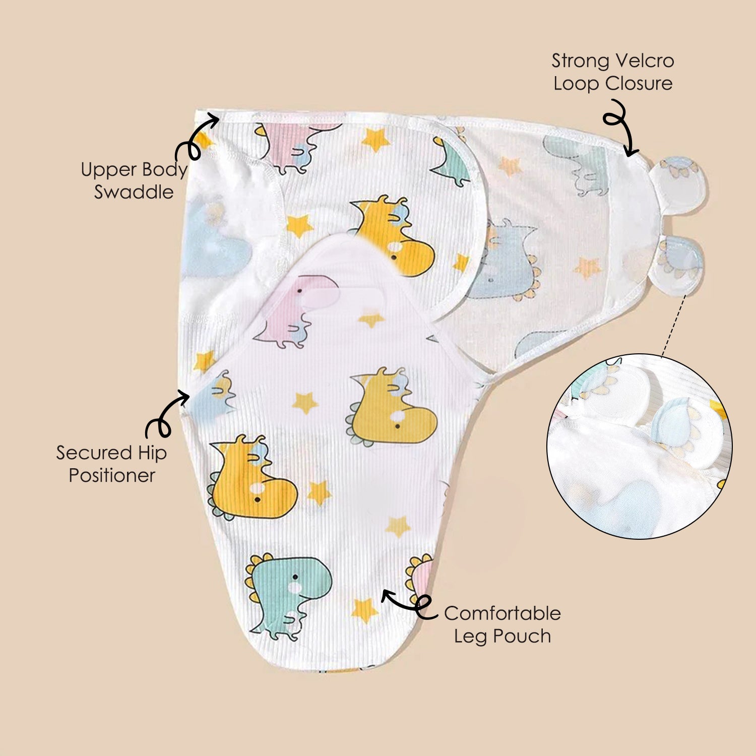Baby Moo Jungle Print Adjustable Velcro Easy Wrap Ready Swaddle For Infant With Matching 3D Cap - White