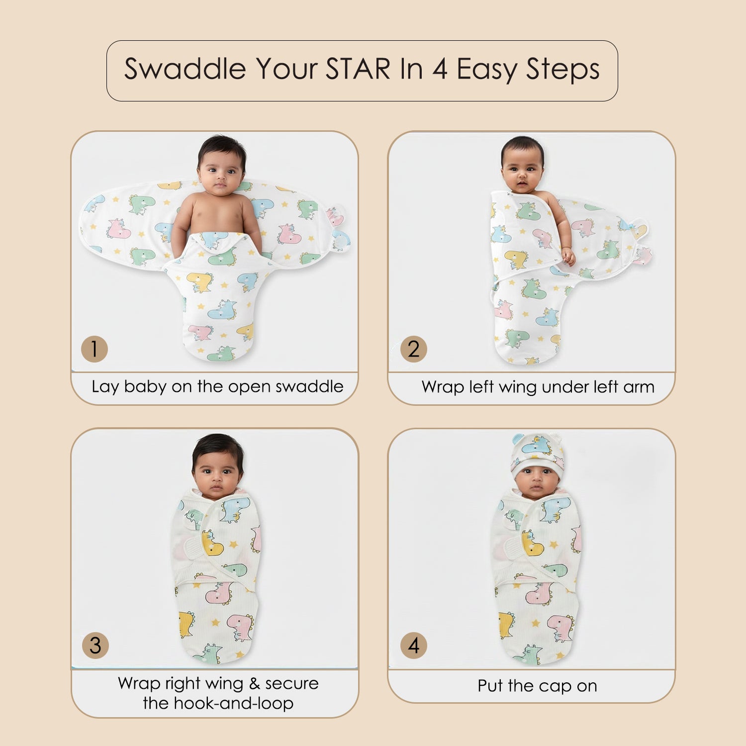 Baby Moo Jungle Print Adjustable Velcro Easy Wrap Ready Swaddle For Infant With Matching 3D Cap - White