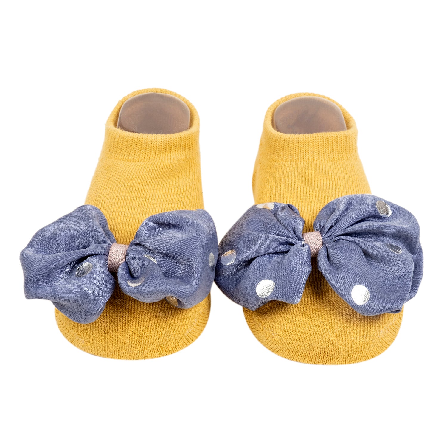 Baby Moo Butterfly Bow Anti Skid Ankle Length Toddlers Dress Up Walking Set of 2 Socks Booties - Navy Blue, Yellow