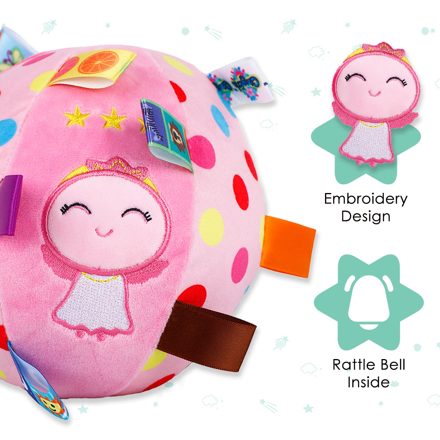 Baby Moo Happy Girl Colorful Tag Soft Plush Rattle Ball - Pink