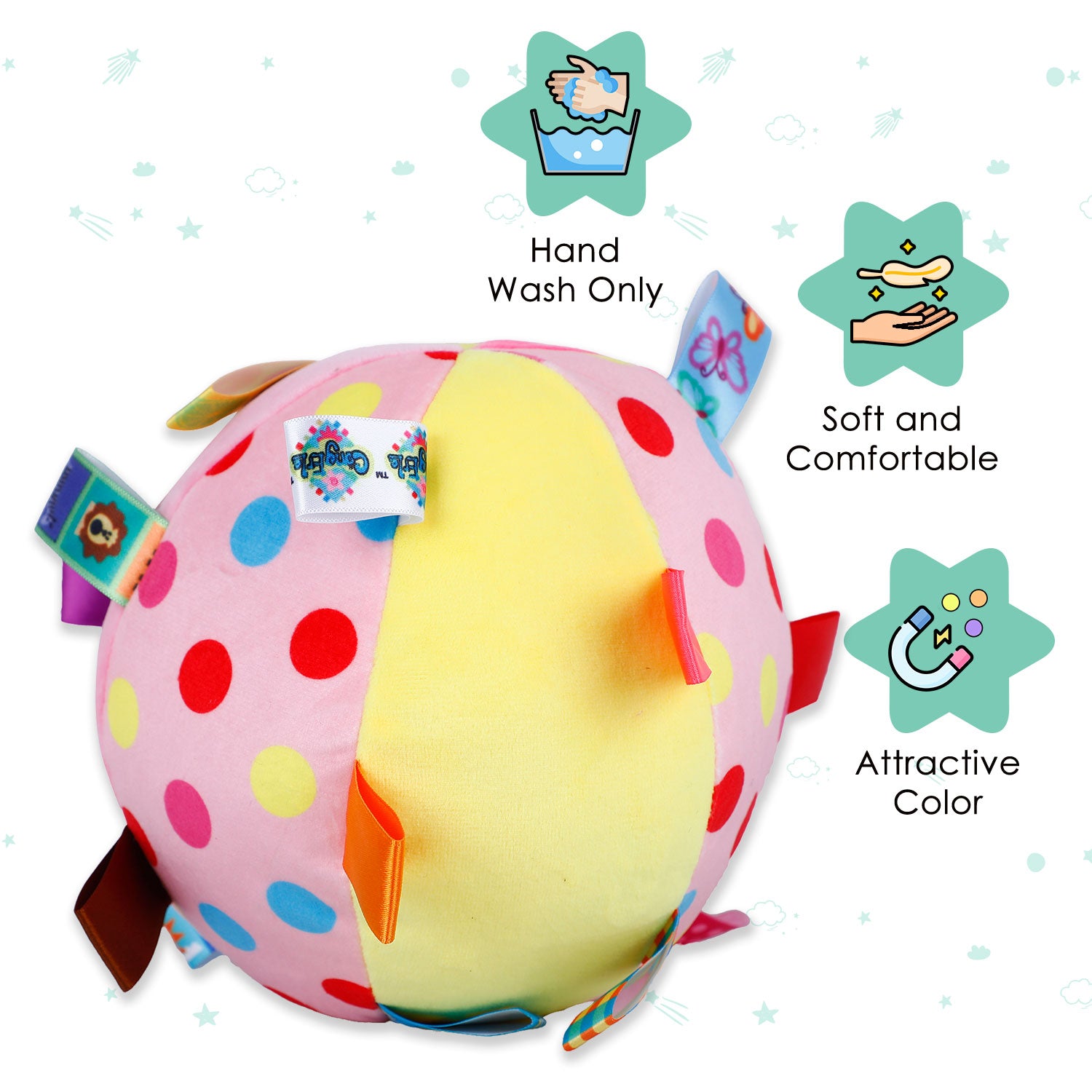 Baby Moo Happy Girl Colorful Tag Soft Plush Rattle Ball - Pink