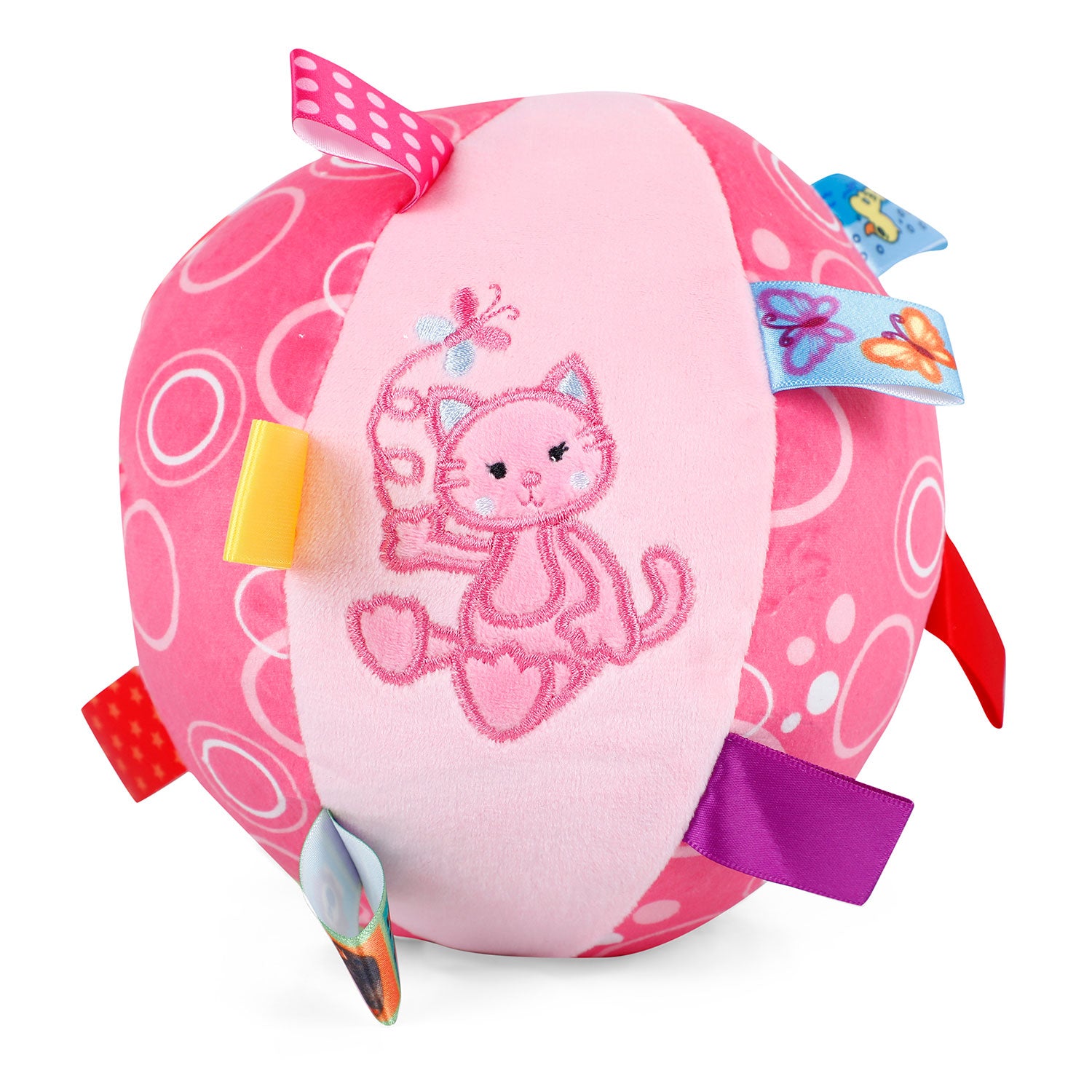 Baby Moo Blushing Cat Colorful Tag Soft Plush Rattle Ball - Pink