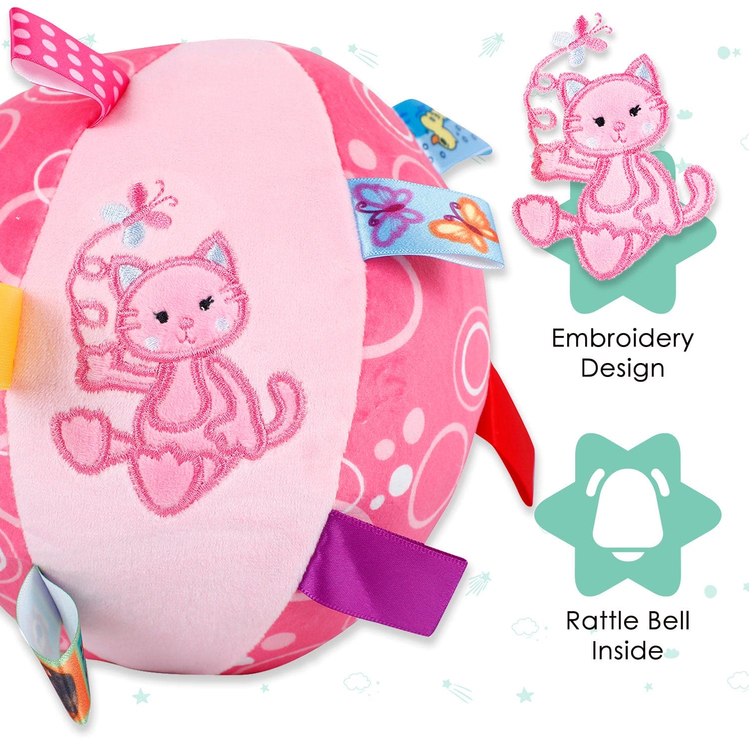 Baby Moo Blushing Cat Colorful Tag Soft Plush Rattle Ball - Pink