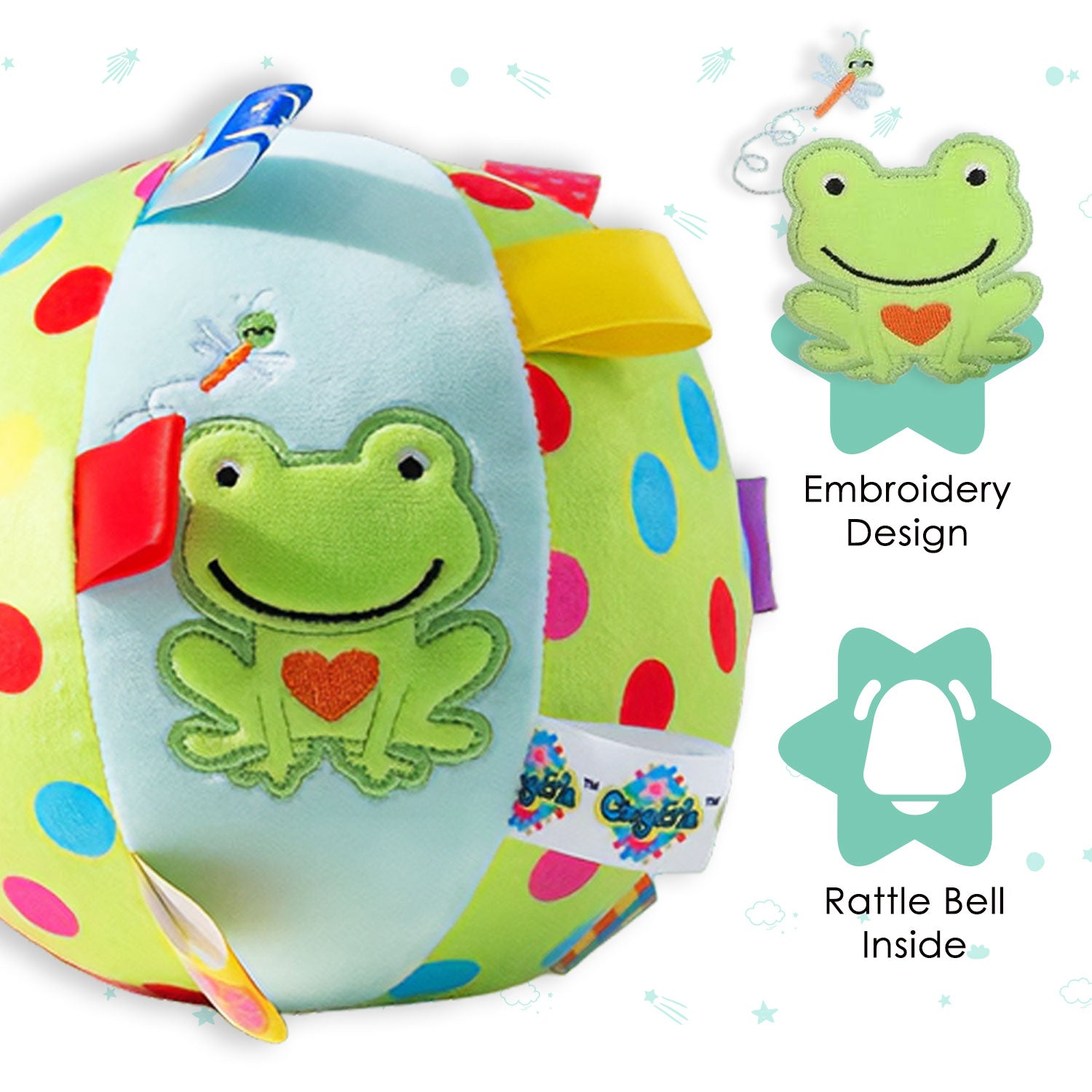 Baby Moo Jumping Frog Colorful Tag Soft Plush Rattle Ball - Green