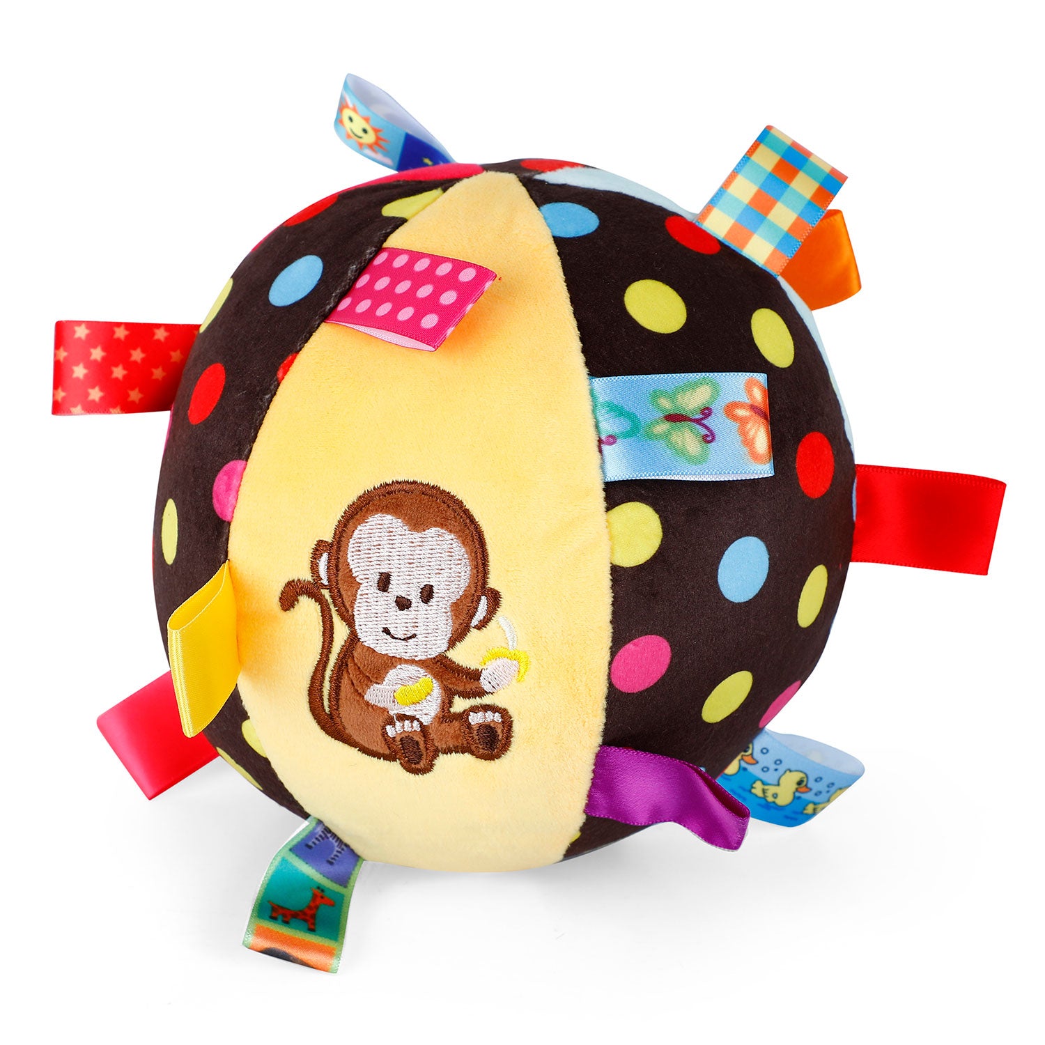 Baby Moo Little Monkey Colorful Tag Soft Plush Rattle Ball - Brown