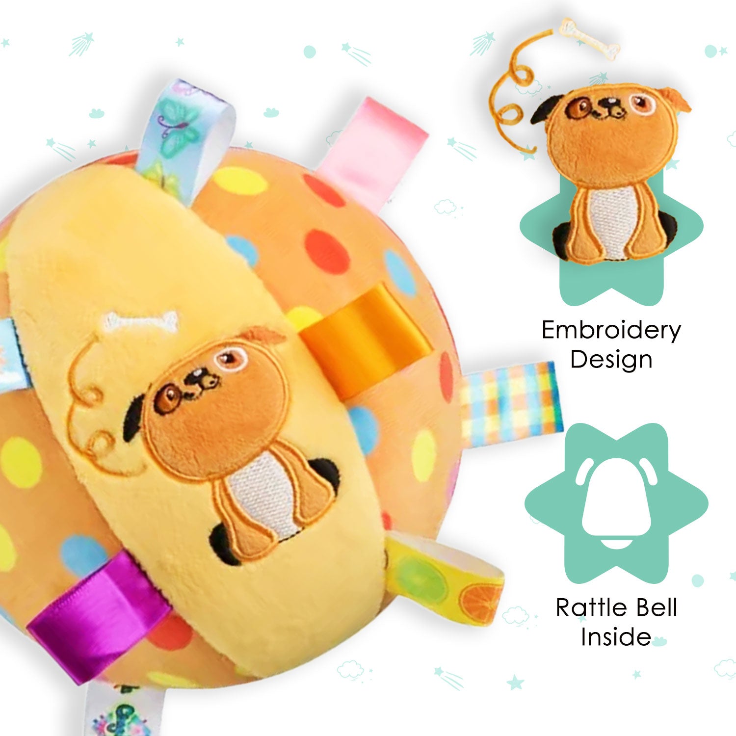 Baby Moo Cute Dog Colorful Tag Soft Plush Rattle Ball - Yellow