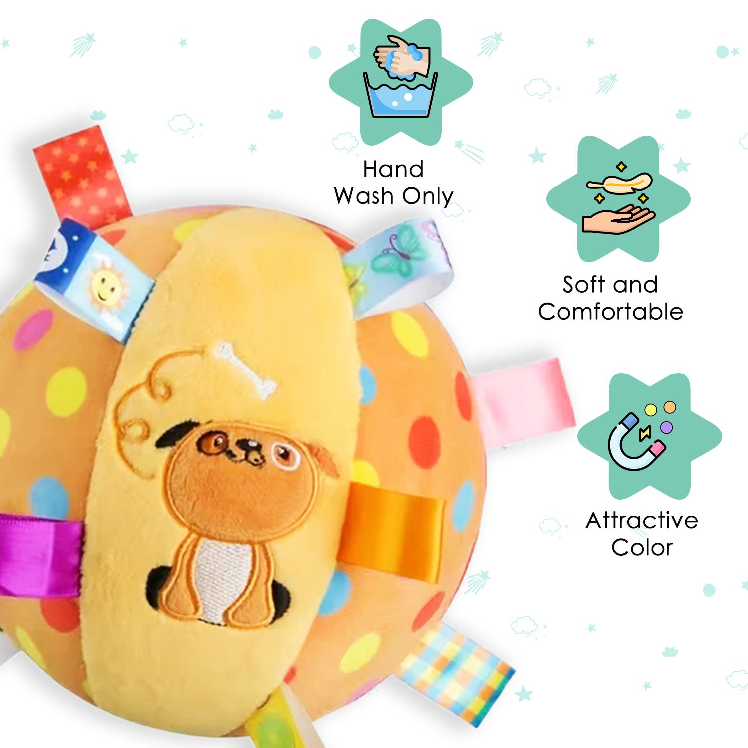 Baby Moo Cute Dog Colorful Tag Soft Plush Rattle Ball - Yellow