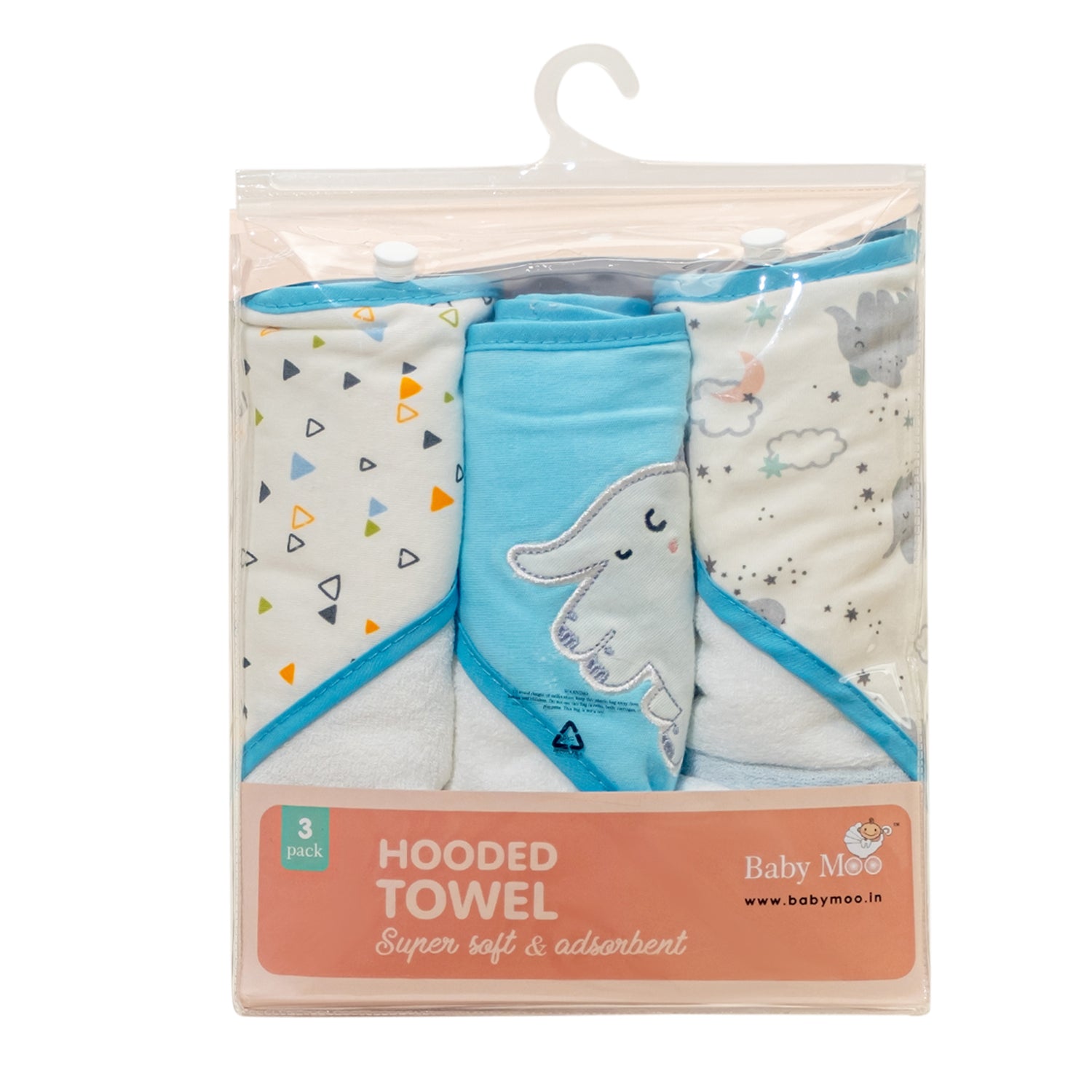 Baby Moo Flying Elephant And Triangle Supersoft Highly Absorbent Durable Hooded Towel Set - Blue