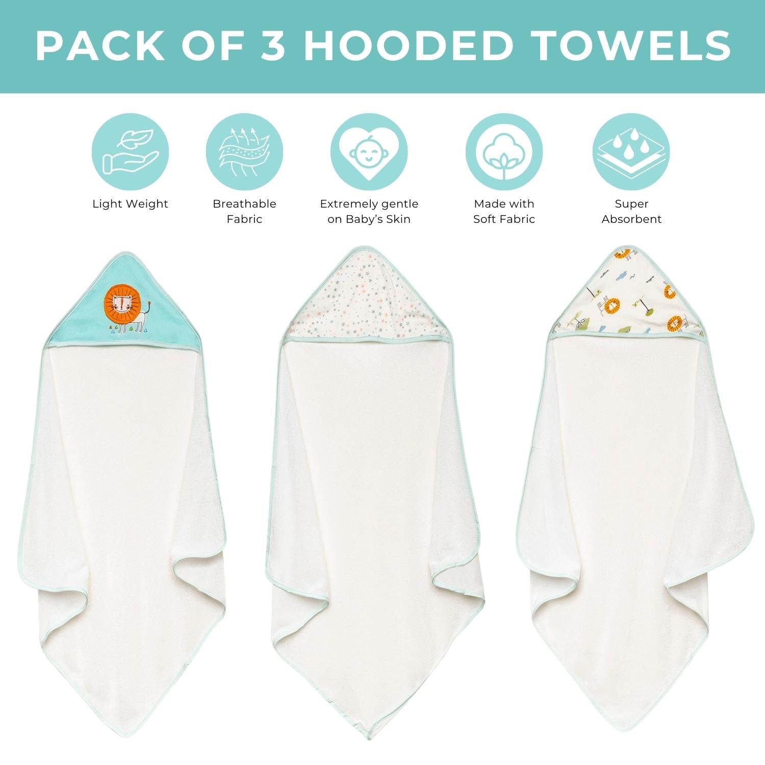 Baby Moo Lion And Star Supersoft Highly Absorbent Durable Hooded Towel Set - Turquoise