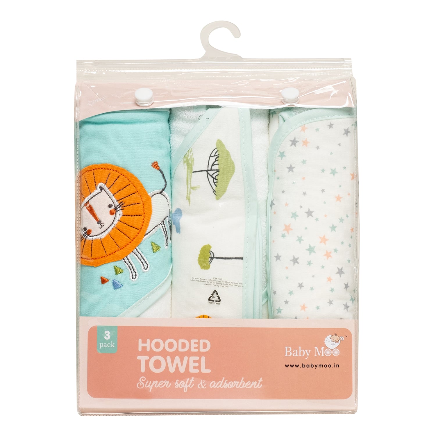 Baby Moo Lion And Star Supersoft Highly Absorbent Durable Hooded Towel Set - Turquoise