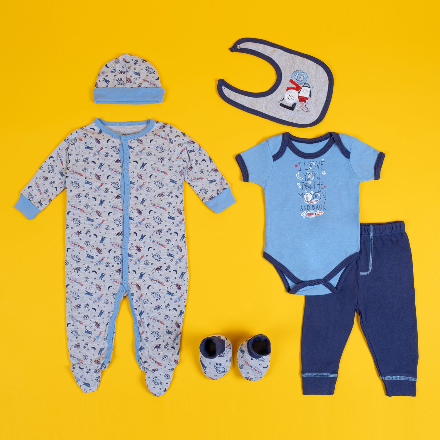 Baby Moo Chandrayaan Gift Set 6 Piece With Bodysuits, Pyjama, Cap, Bib And Socks - Blue