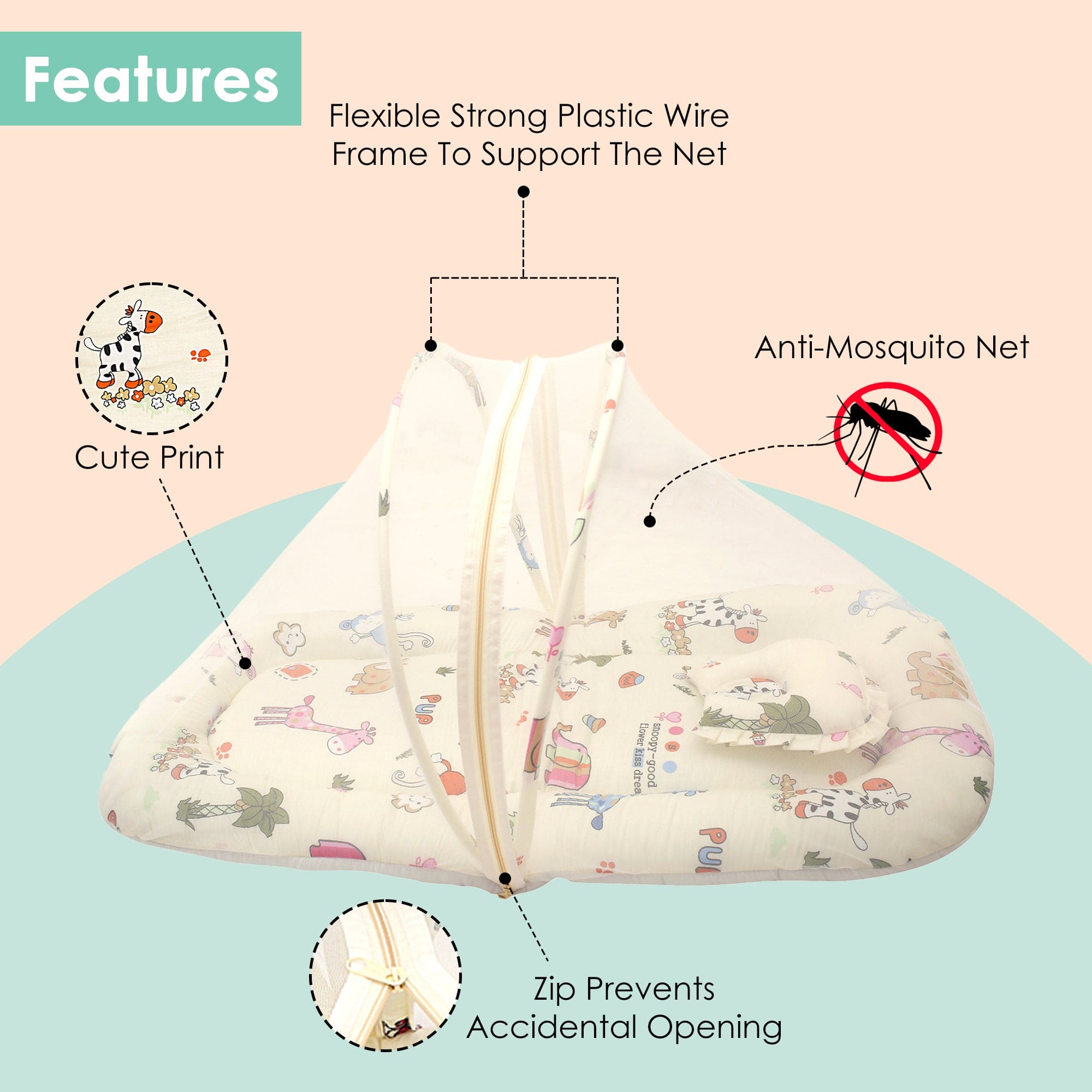 Mosquito Net Tent Mattress Set With Neck Pillow I Love Animals Cream