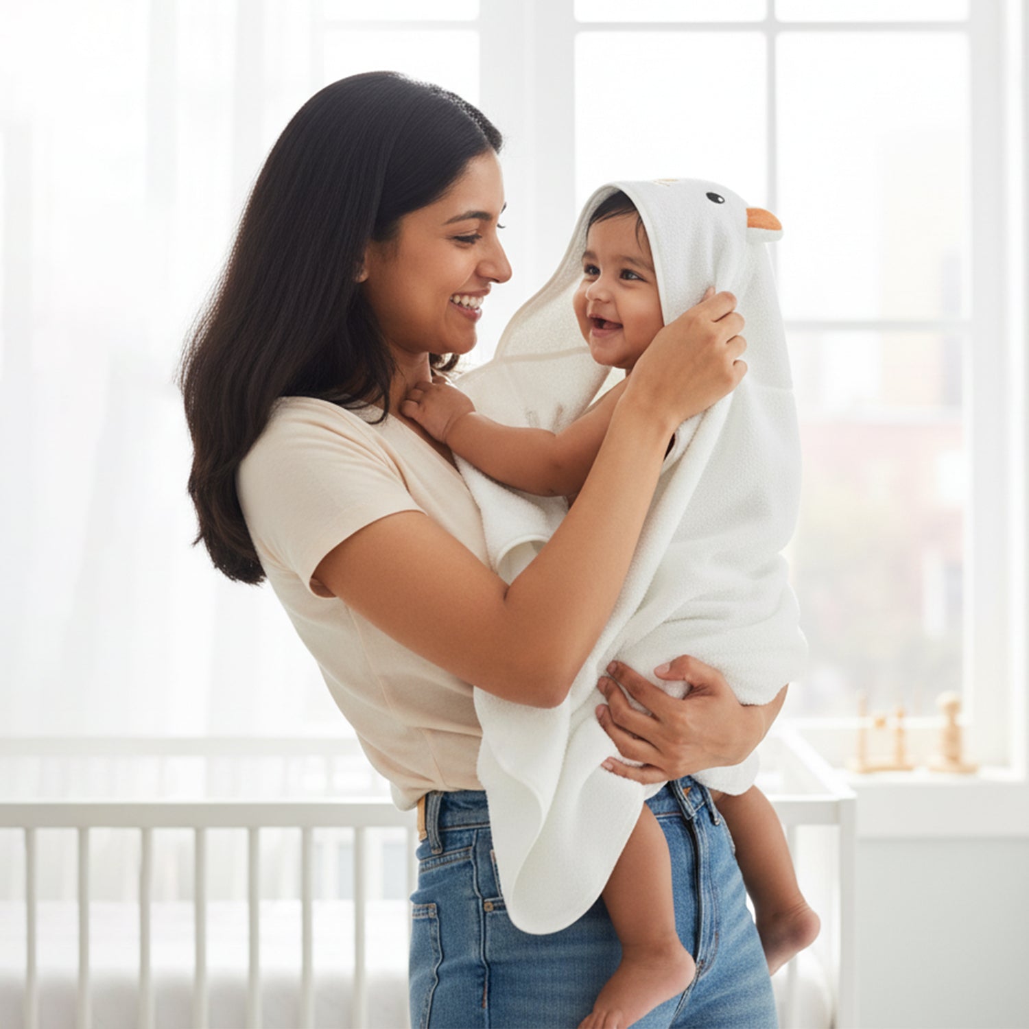 Baby Moo Cute Animal 3D Absorbent Hooded Towel - White And Brown