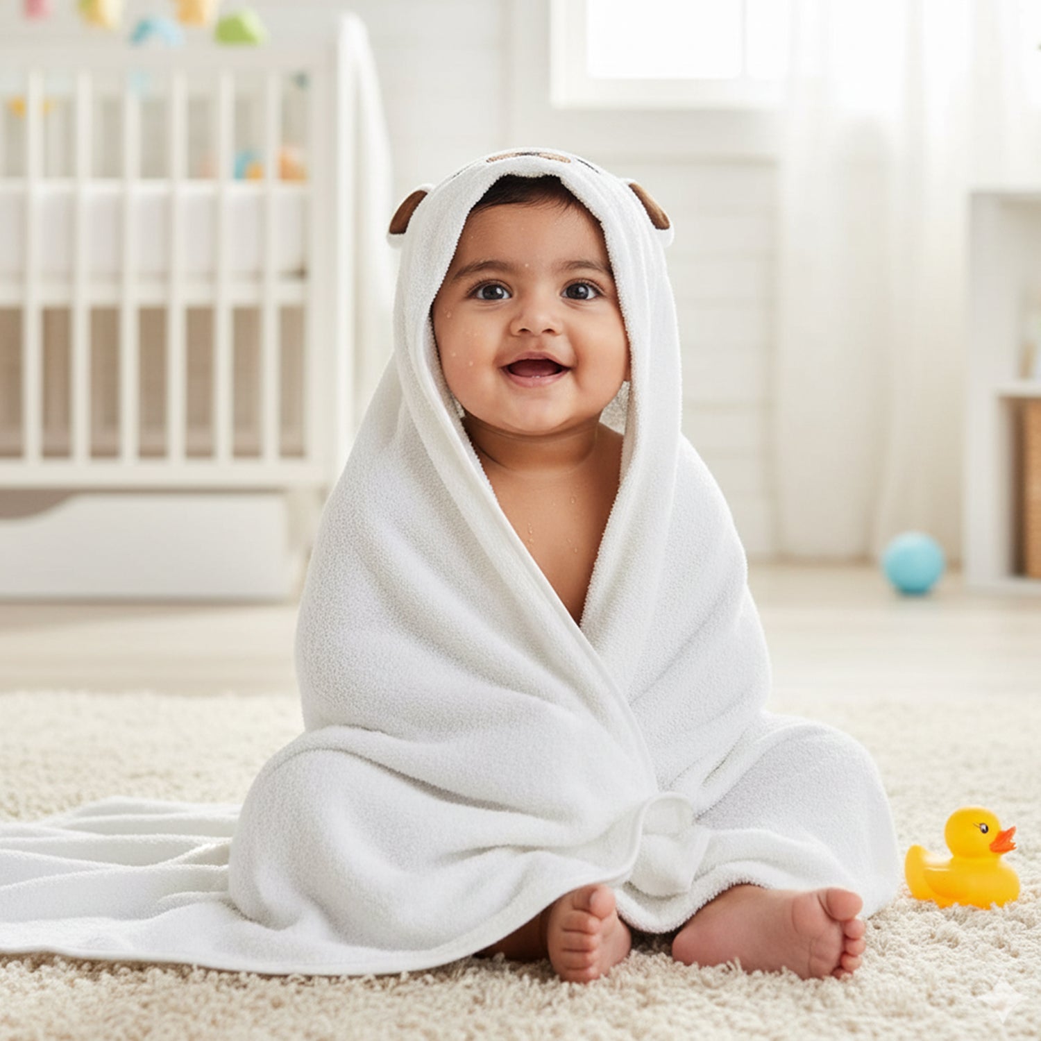 Baby Moo Little Bear 3D Absorbent Hooded Towel - White