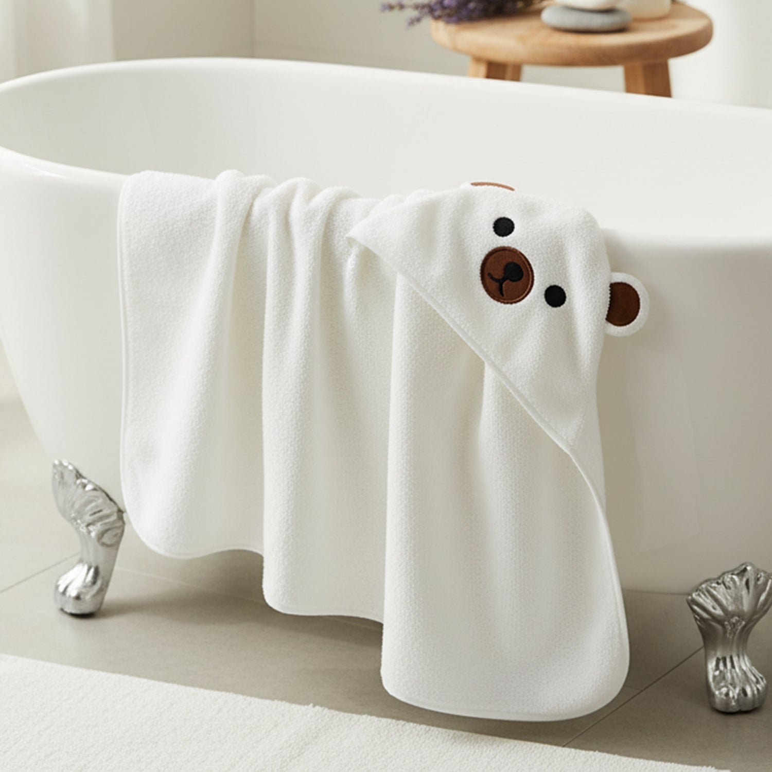 Baby Moo Little Bear 3D Absorbent Hooded Towel - White