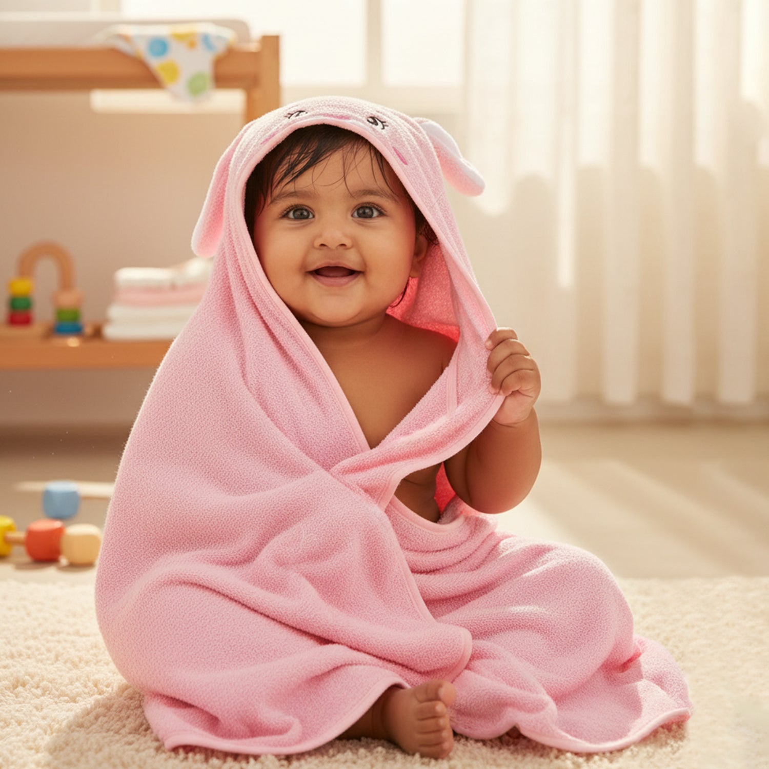 Baby Moo Blushing Bunny 3D Absorbent Hooded Towel - Pink