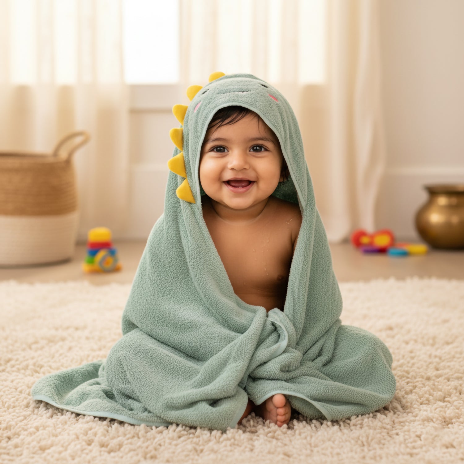 Baby Moo Baby Dino 3D Absorbent Hooded Towel - Mint Green