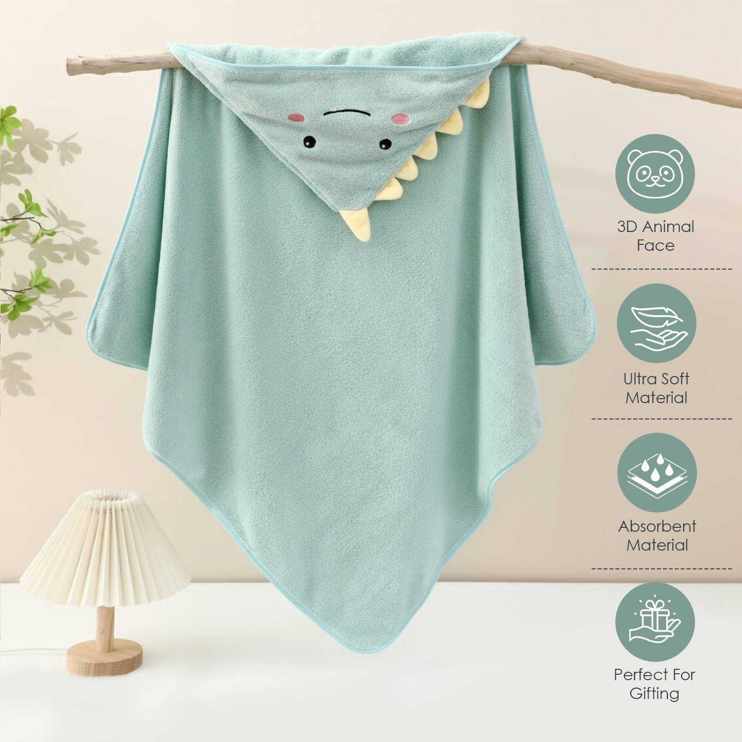 Baby Moo Baby Dino 3D Absorbent Hooded Towel - Mint Green
