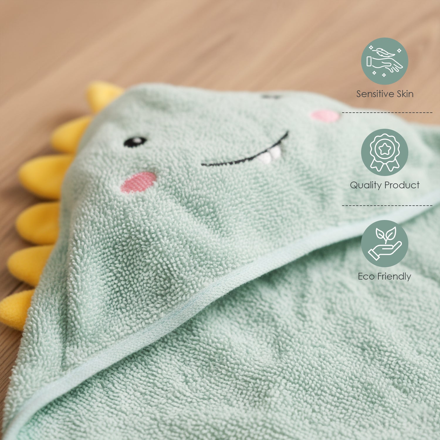 Baby Moo Baby Dino 3D Absorbent Hooded Towel - Mint Green