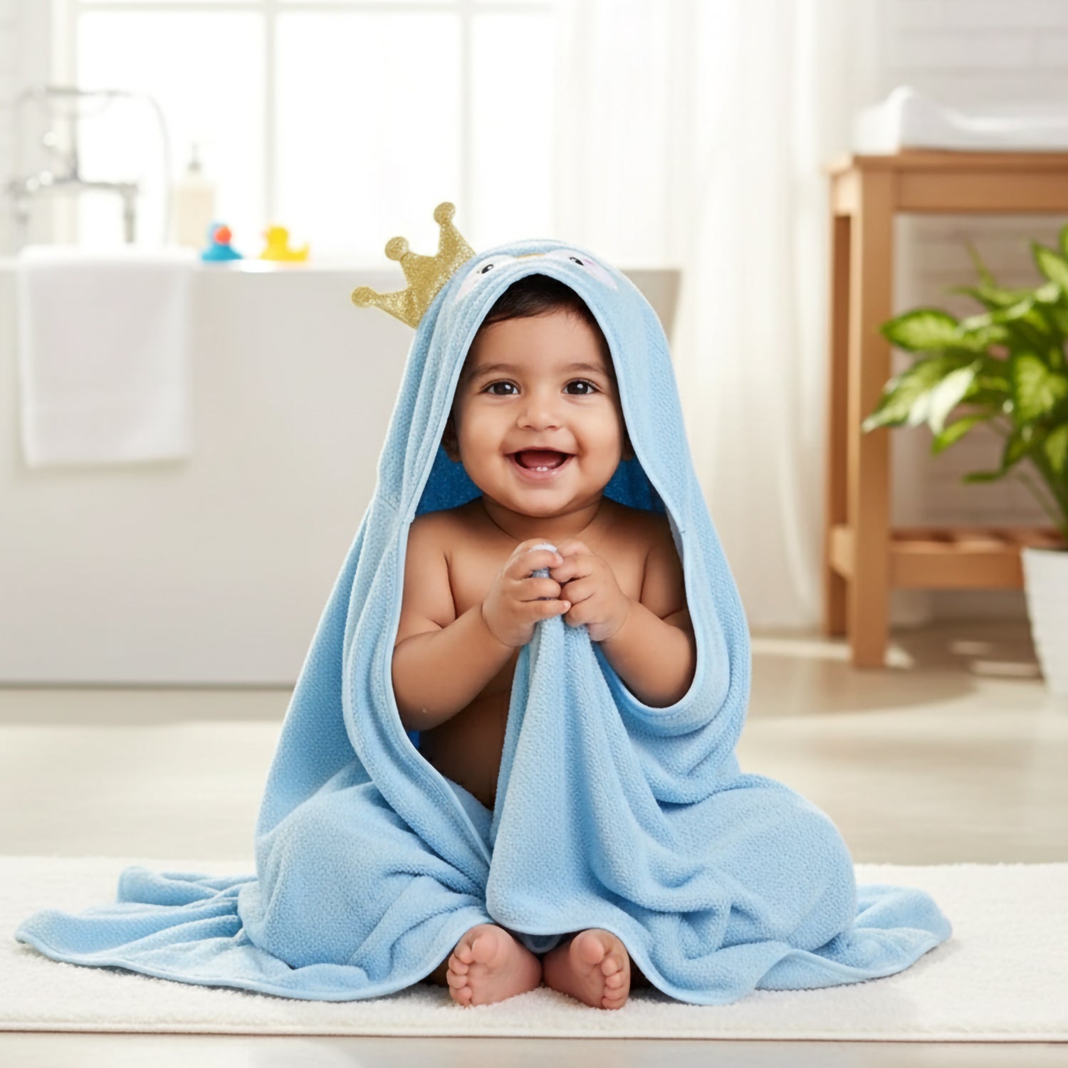 Baby Moo Royal Penguin 3D Absorbent Hooded Towel - Blue