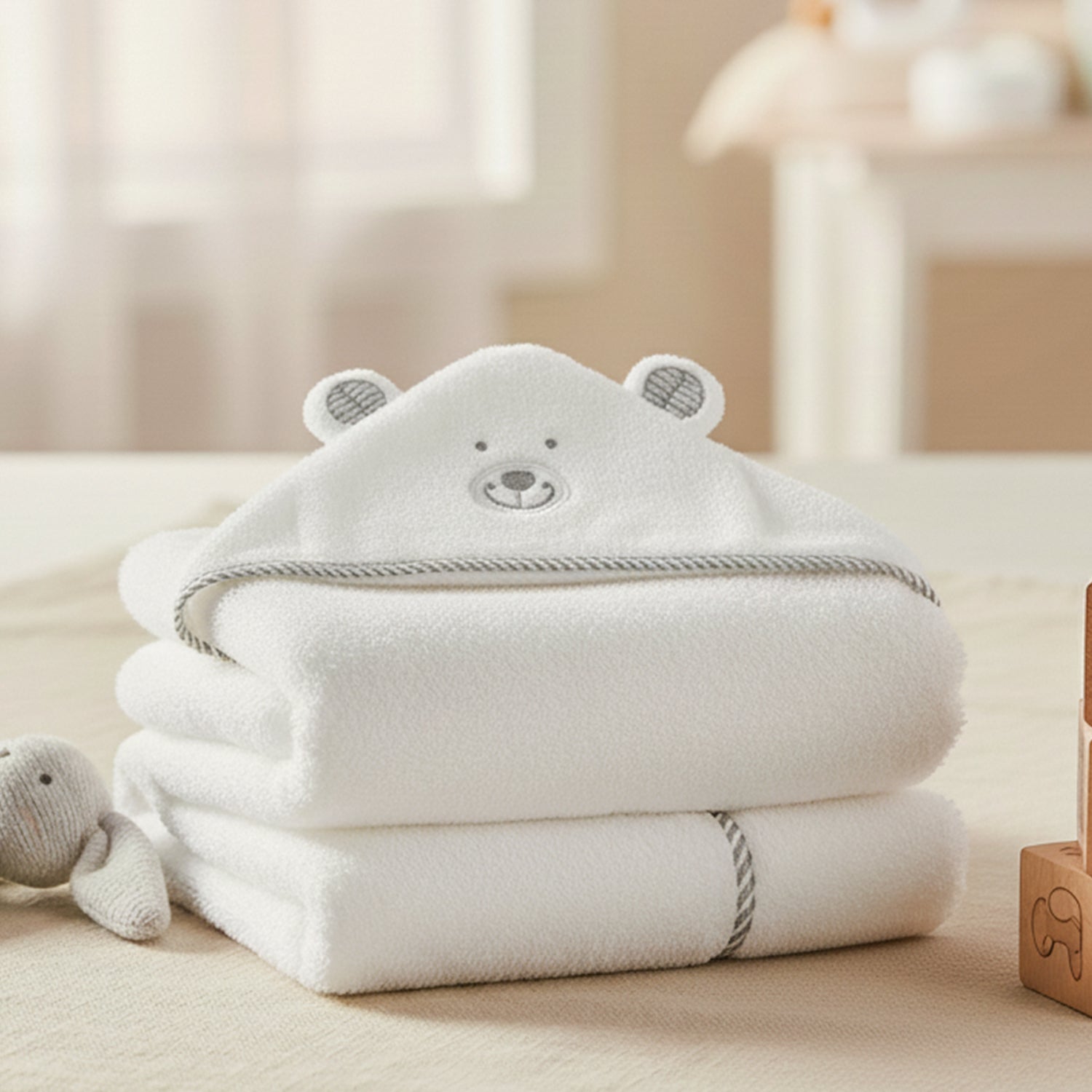 Baby Moo Polar Bear 3D Absorbent Hooded Towel - White