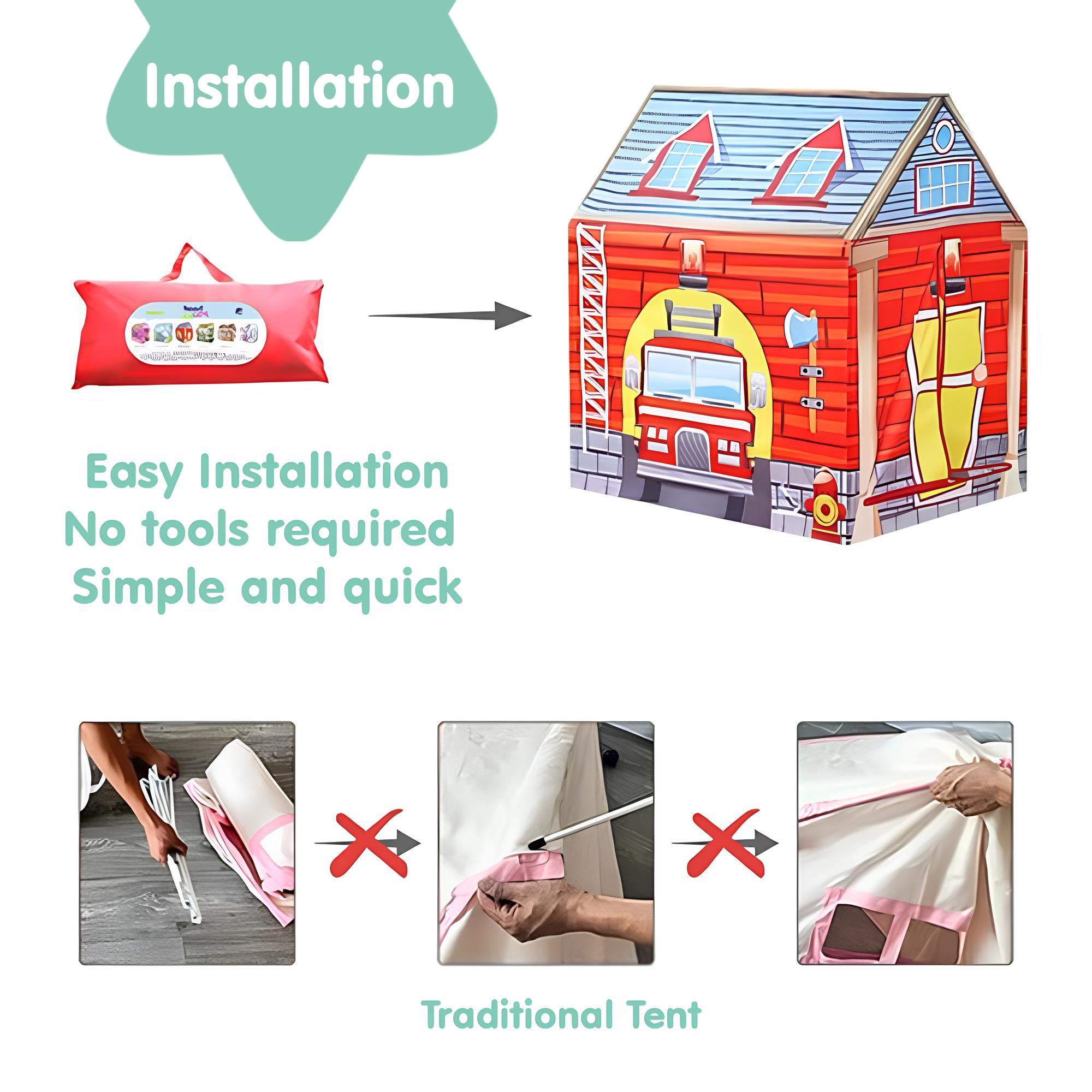 Playtime Foldable Tent House Fire Station - Red