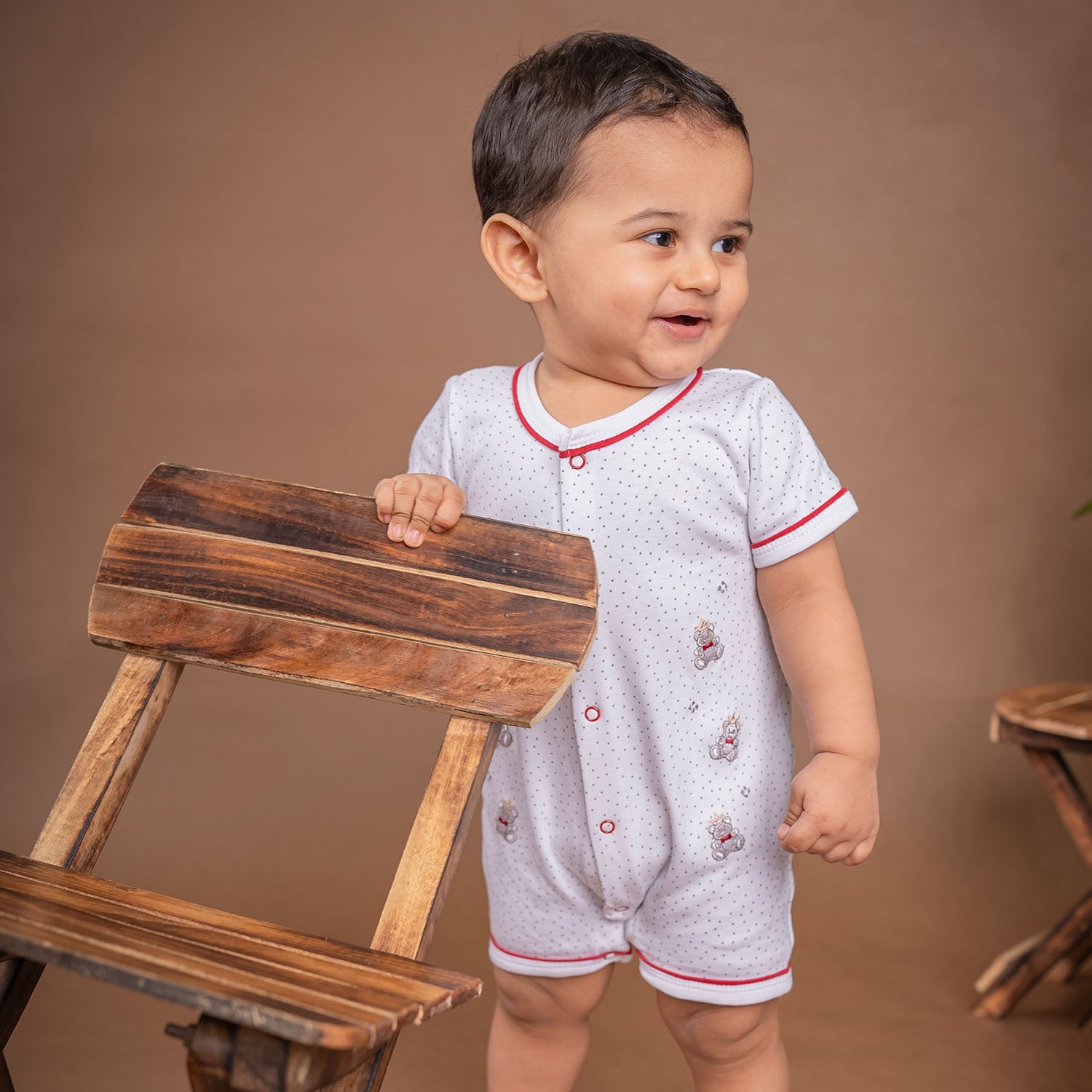 Baby Moo Star Teddy Embroidered Soft Cotton Short Romper - White