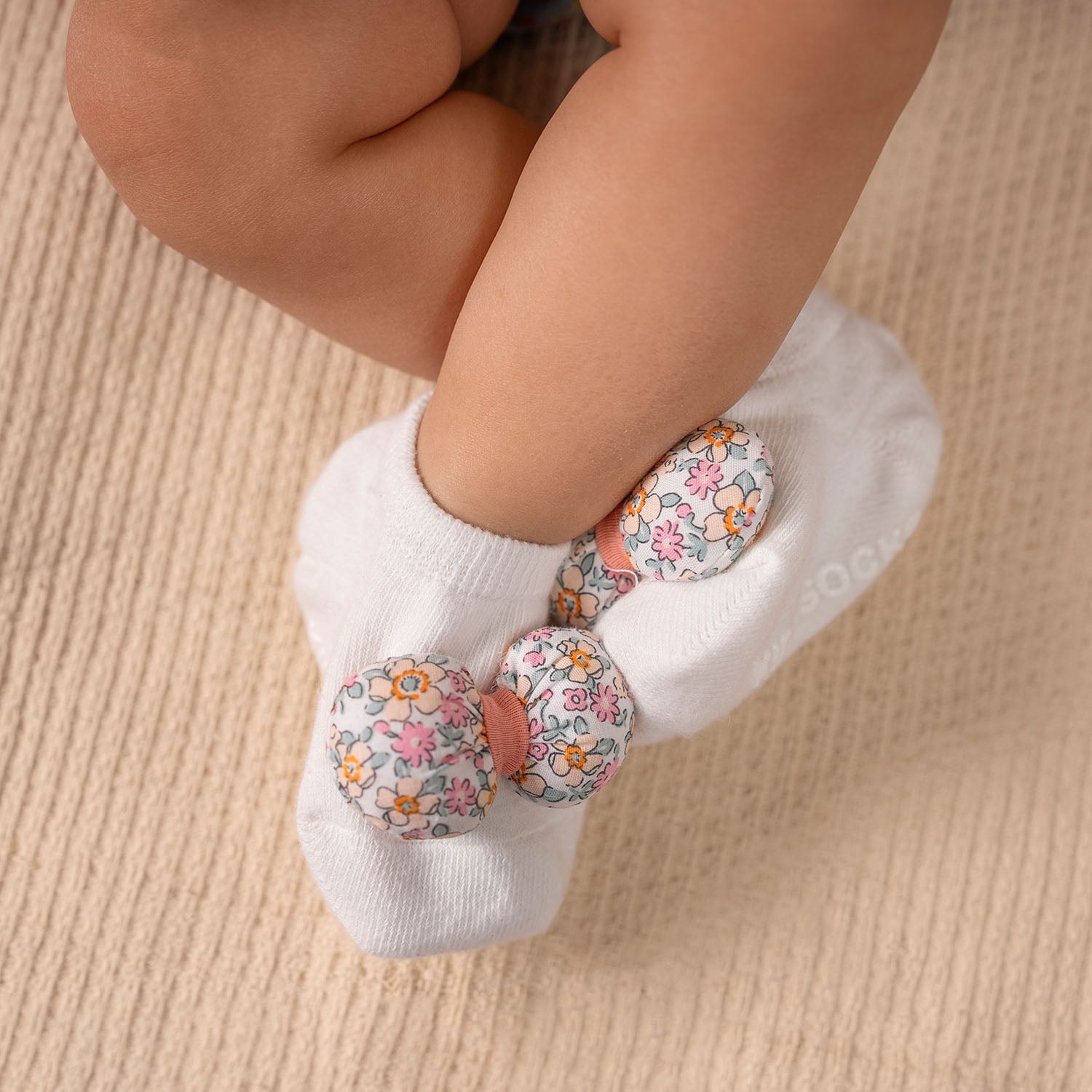Baby Moo Floral Bow Matching Cap And Socks Set - Peach - Baby Moo