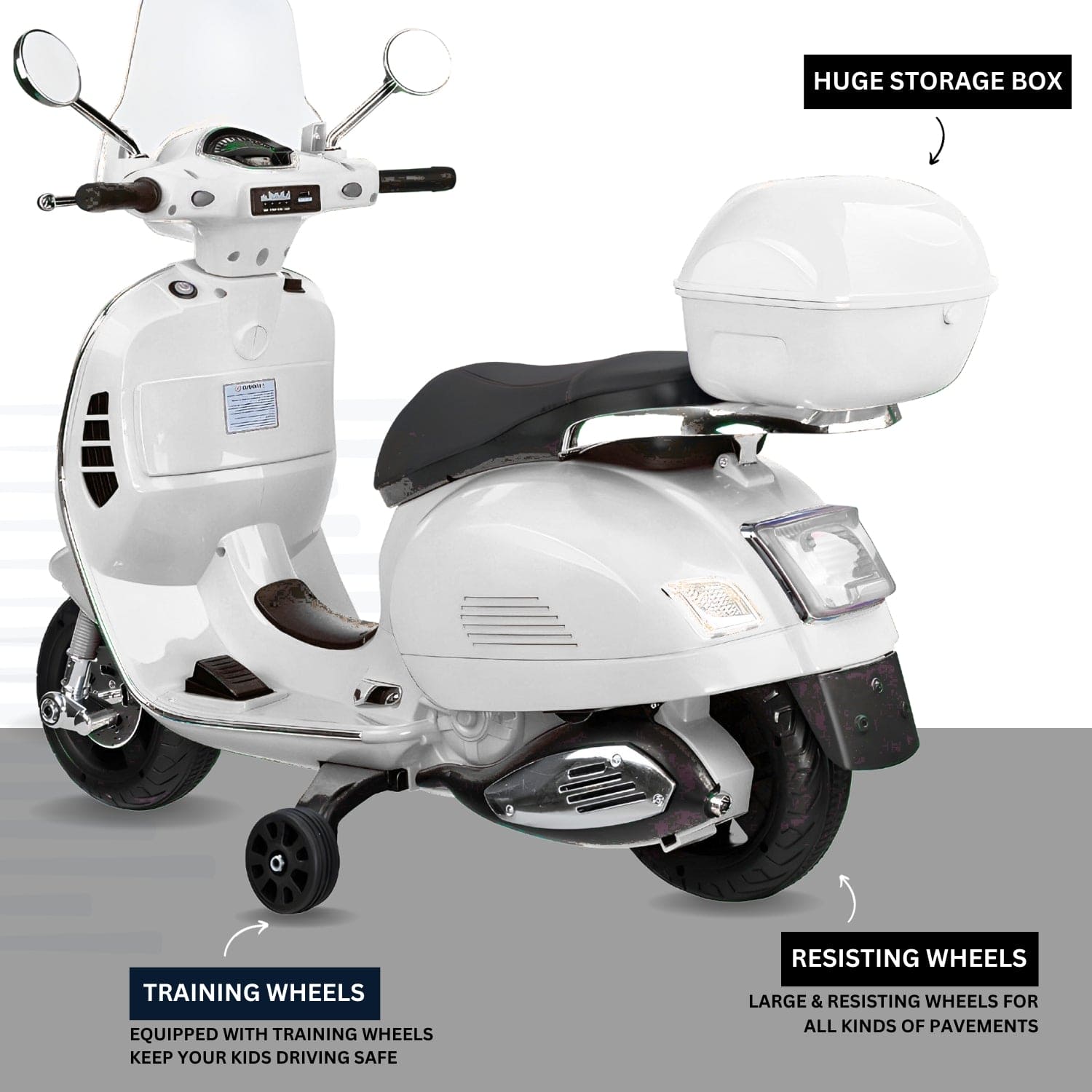 Baby Moo Vespa Rechargeable Battery Operated Bike With Music & Light With Remote - White