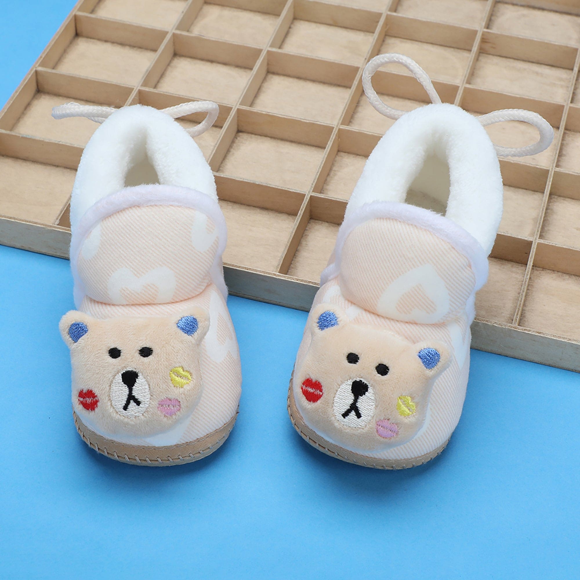 Baby Moo 3D Teddy Buddy Soft Slip-On Anti-Skid Plush Warm Booties - Beige