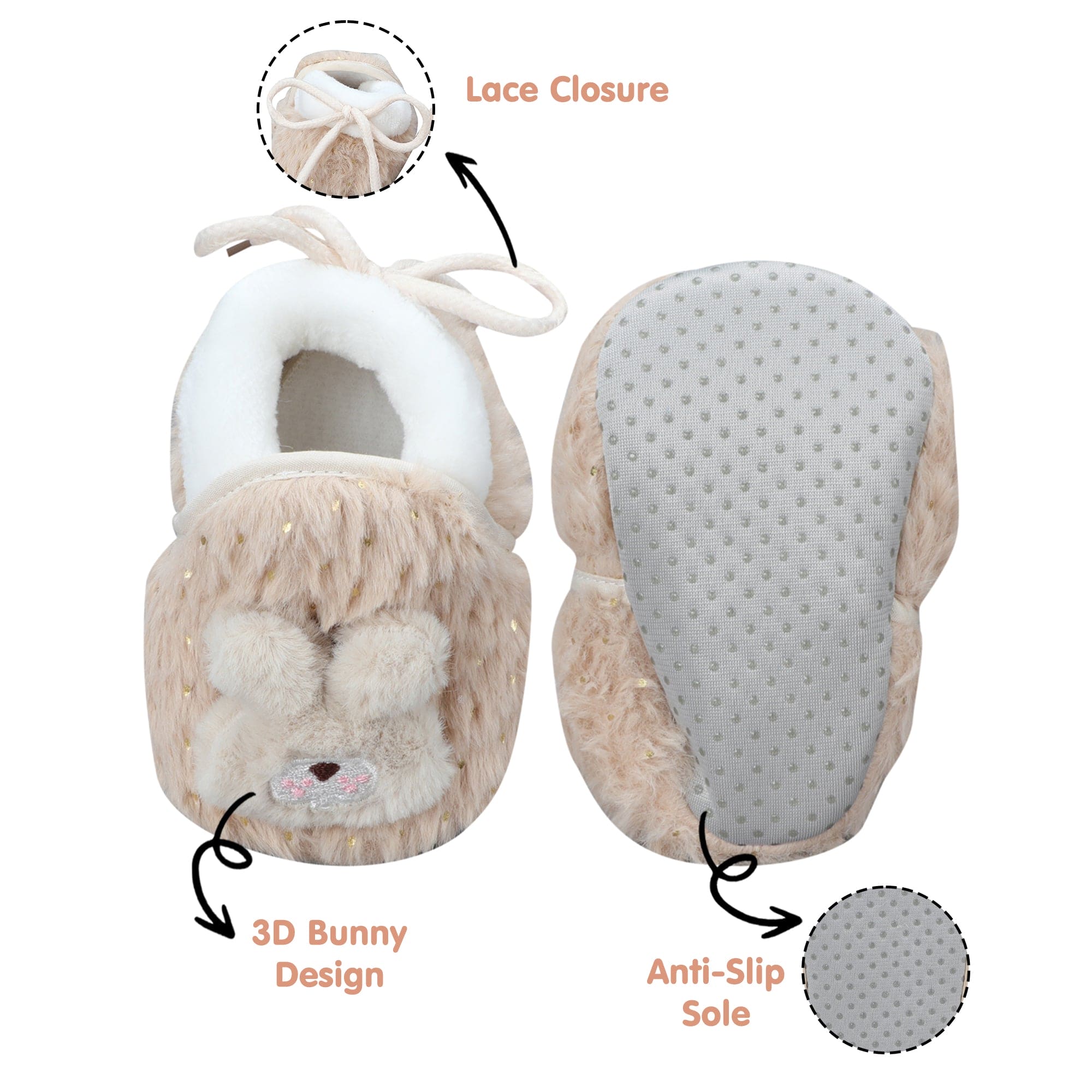 Baby Moo 3D Bunny Soft Slip-On Anti-Skid Plush Warm Booties - Brown