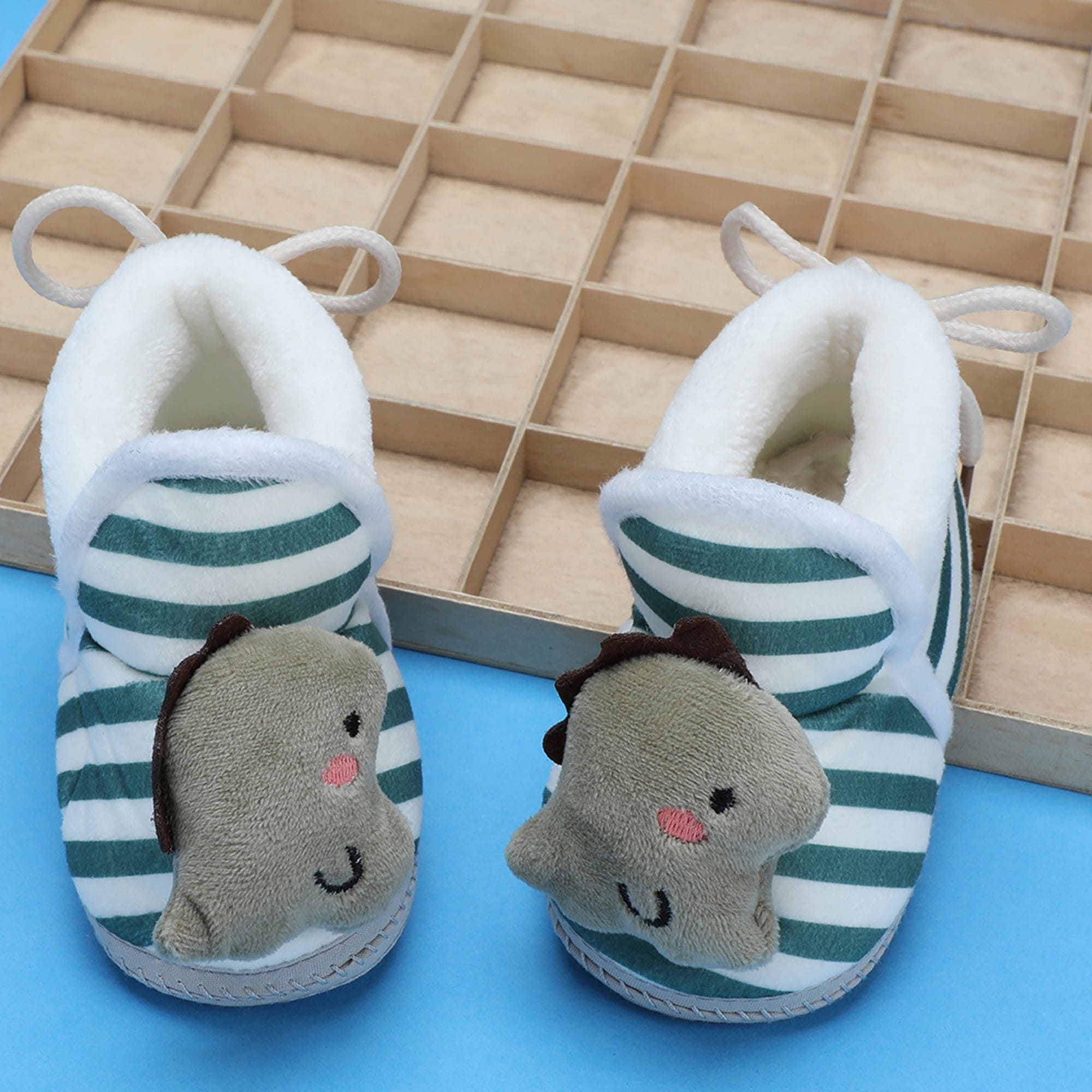 Baby Moo 3D Dino Striped Soft Slip-On Anti-Skid Plush Warm Booties - Green