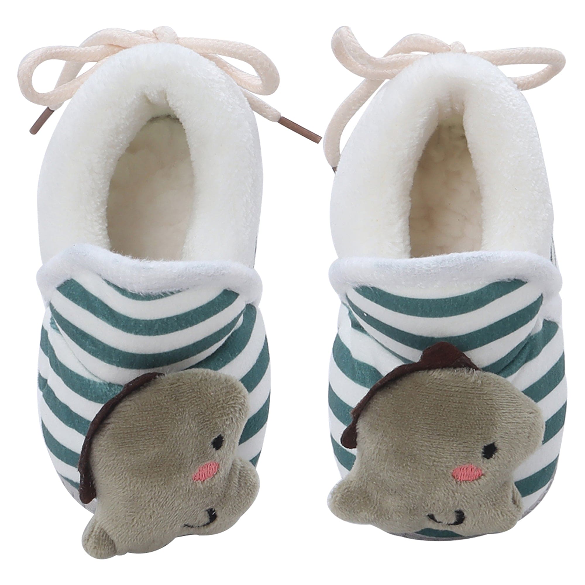 Baby Moo 3D Dino Striped Soft Slip-On Anti-Skid Plush Warm Booties - Green