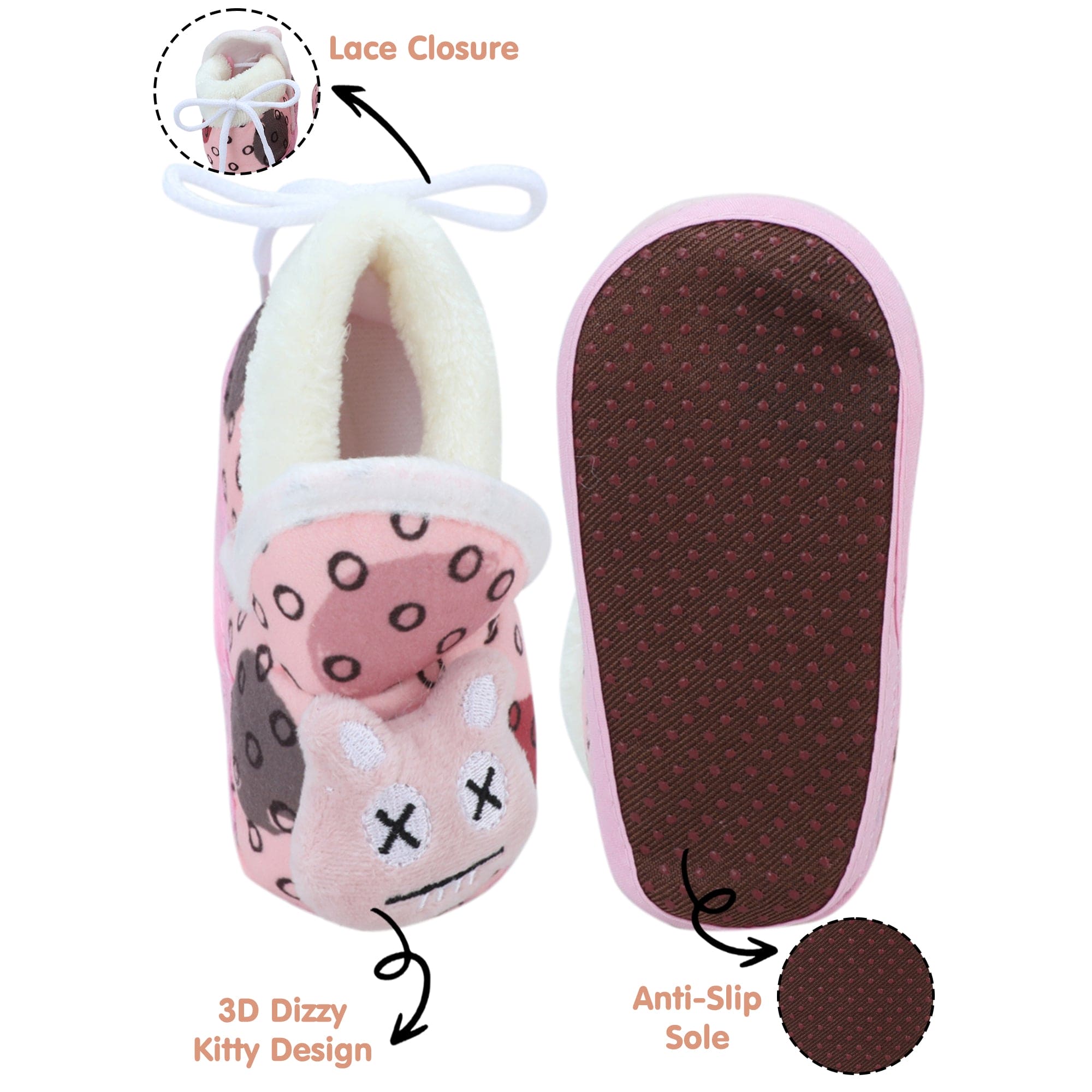 Baby Moo 3D Dizzy Cat Soft Slip-On Anti-Skid Plush Warm Booties - Peach