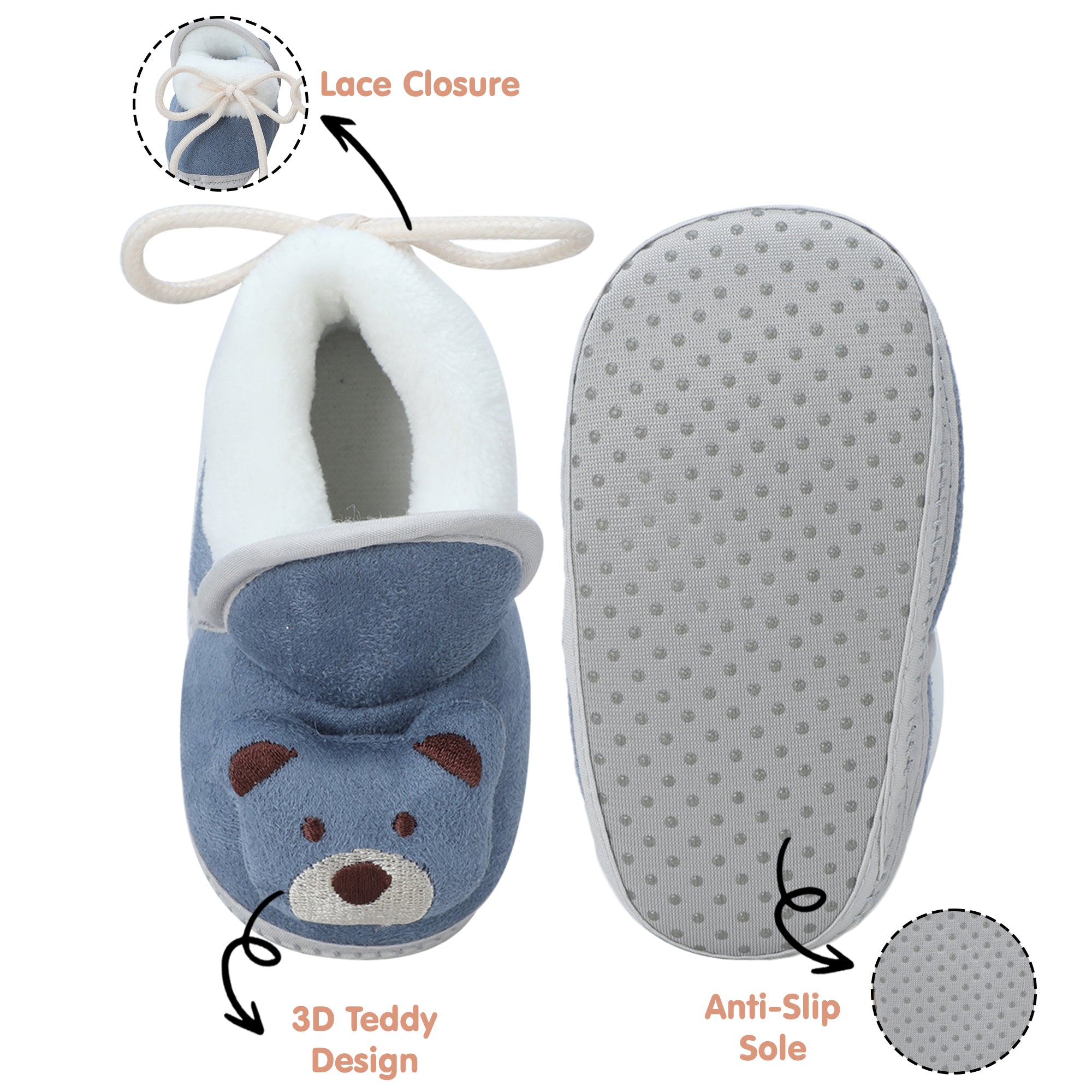 Baby Moo 3D Teddy Soft Slip-On Anti-Skid Plush Warm Booties - Blue