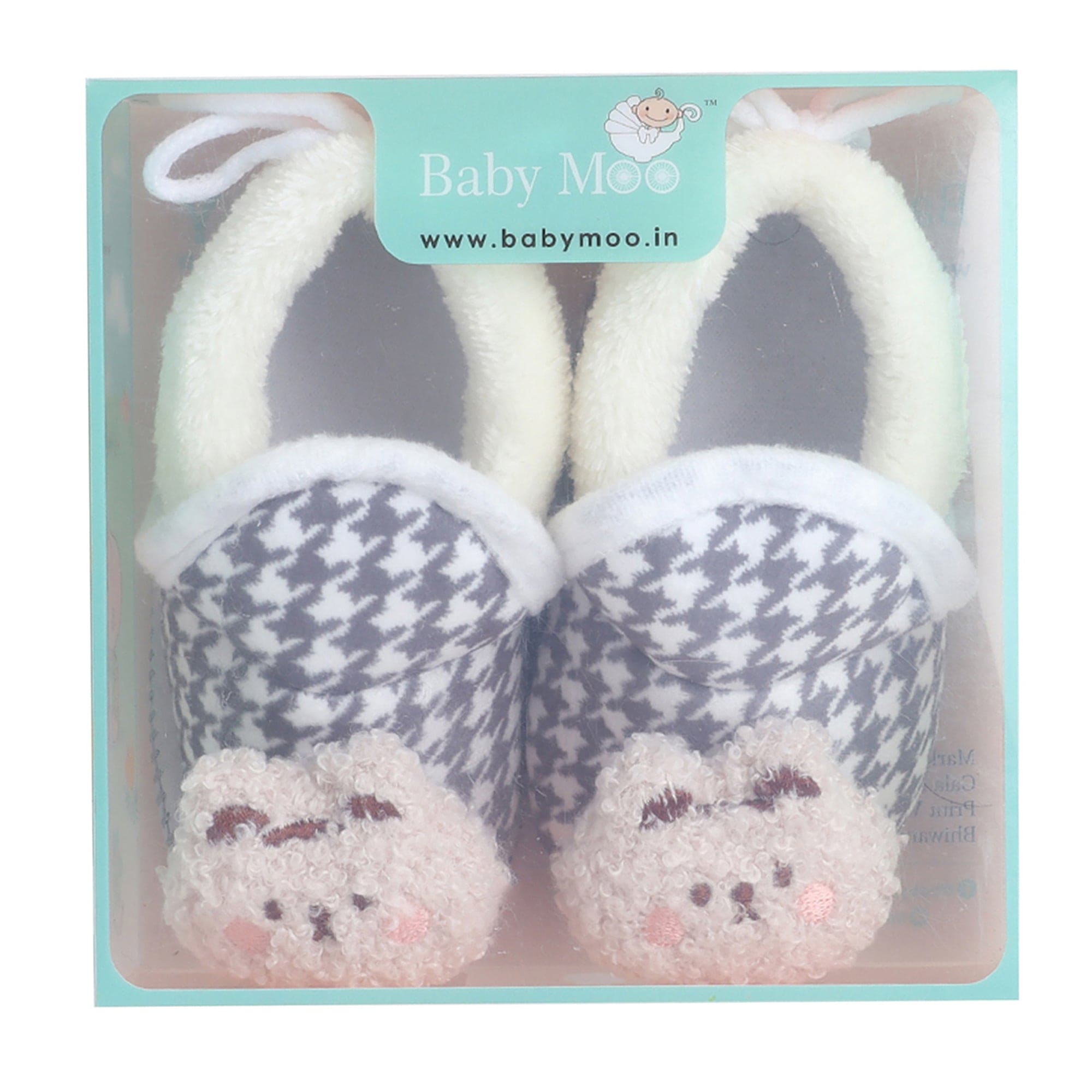 Baby Moo 3D Poodle Dog Houndstooth Soft Slip-On Anti-Skid Plush Warm Booties - Grey