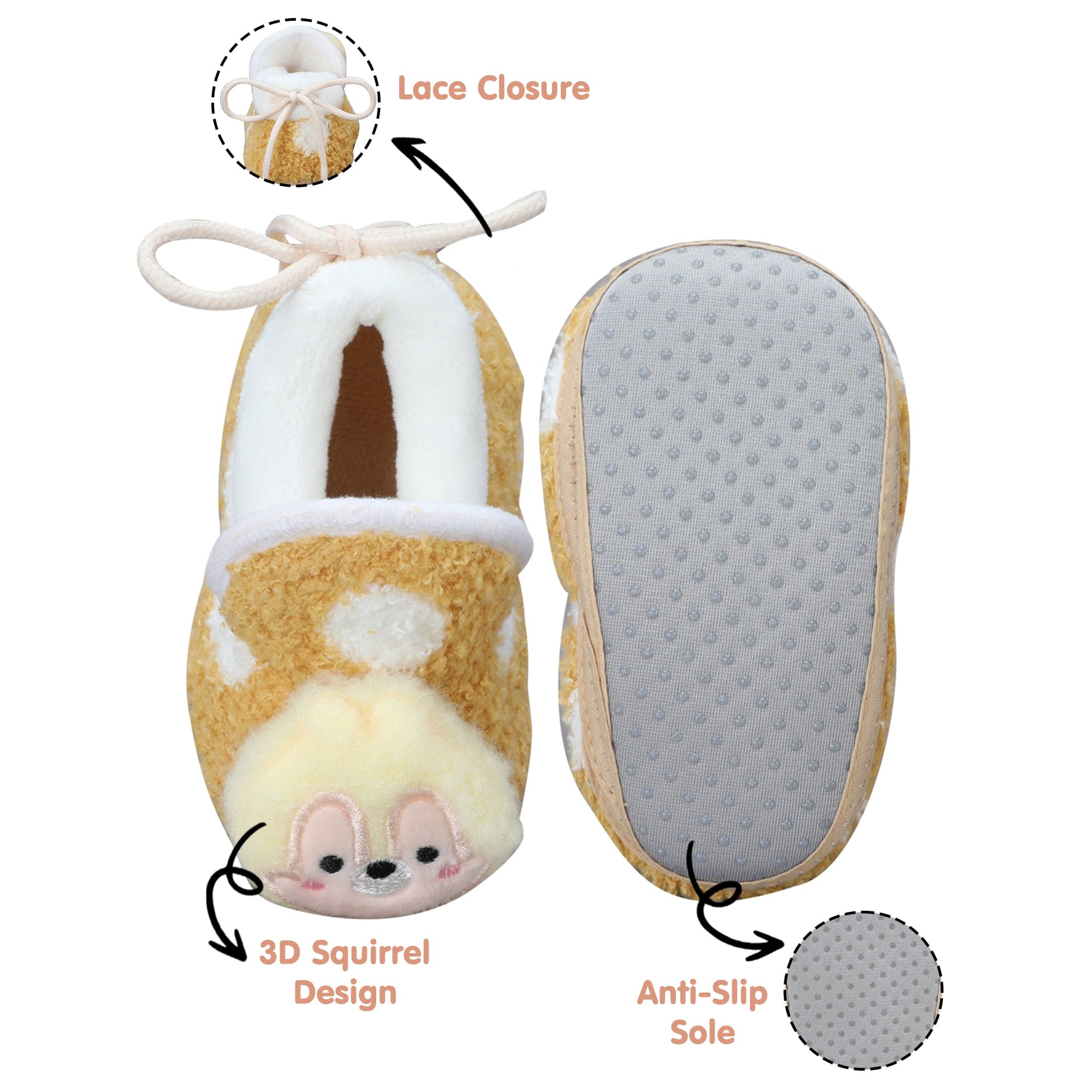 Baby Moo 3D Squirrel Soft Slip-On Anti-Skid Plush Warm Booties - Yellow