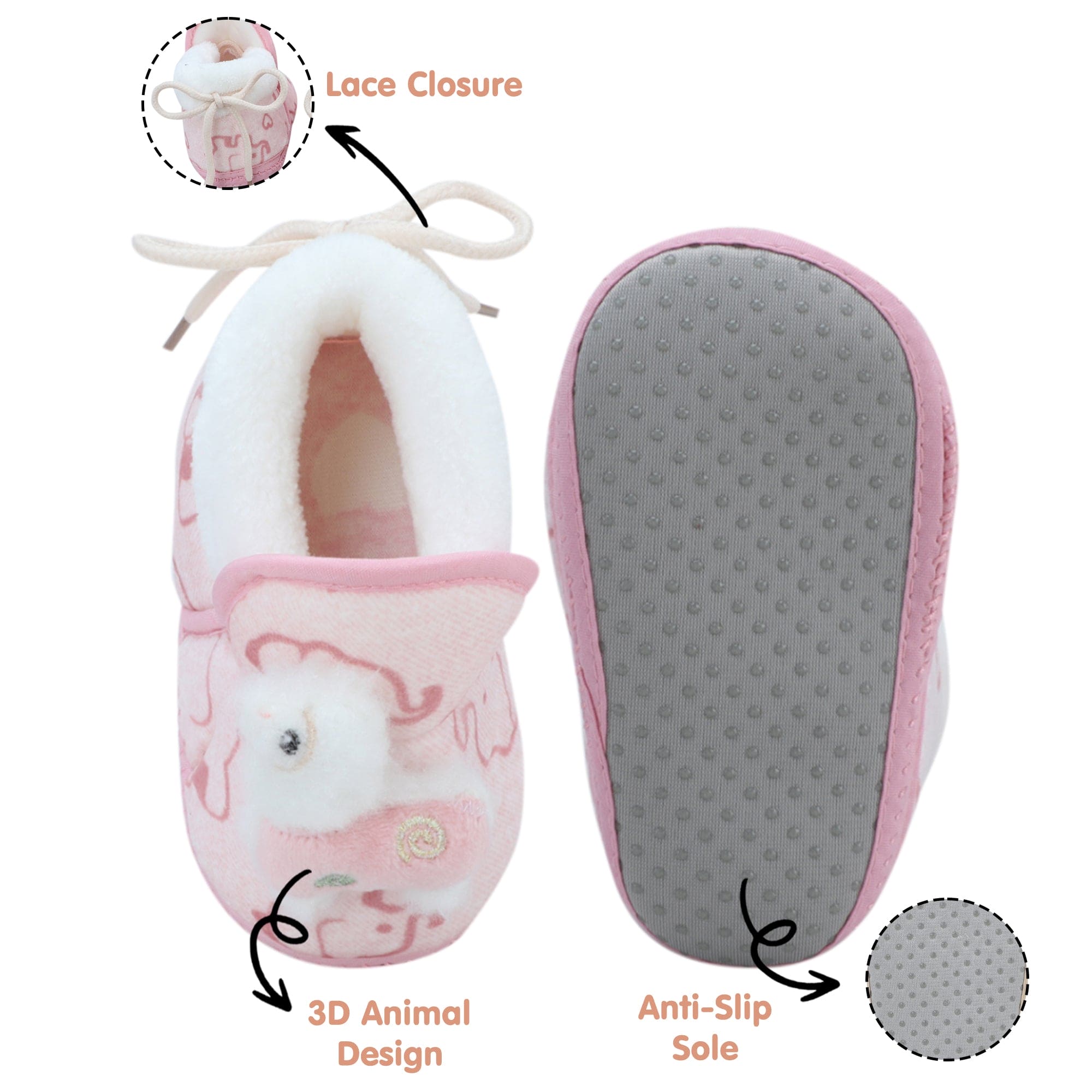 Baby Moo 3D Llama Elephant Prints Soft Slip-On Anti-Skid Plush Warm Booties - Pink